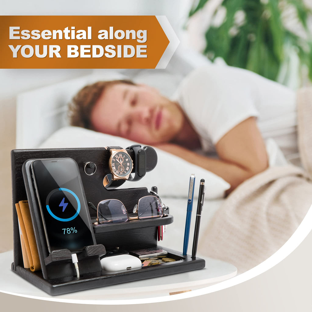 TESLYAR Wood Phone Docking Station - Gifts for Men - Desk or Nightstand Organizer - Birthday Gift for Husband, Dad - Anniversary Idea from Wife - Key Holder, Stand Wallet & Essentials (Granite Black)