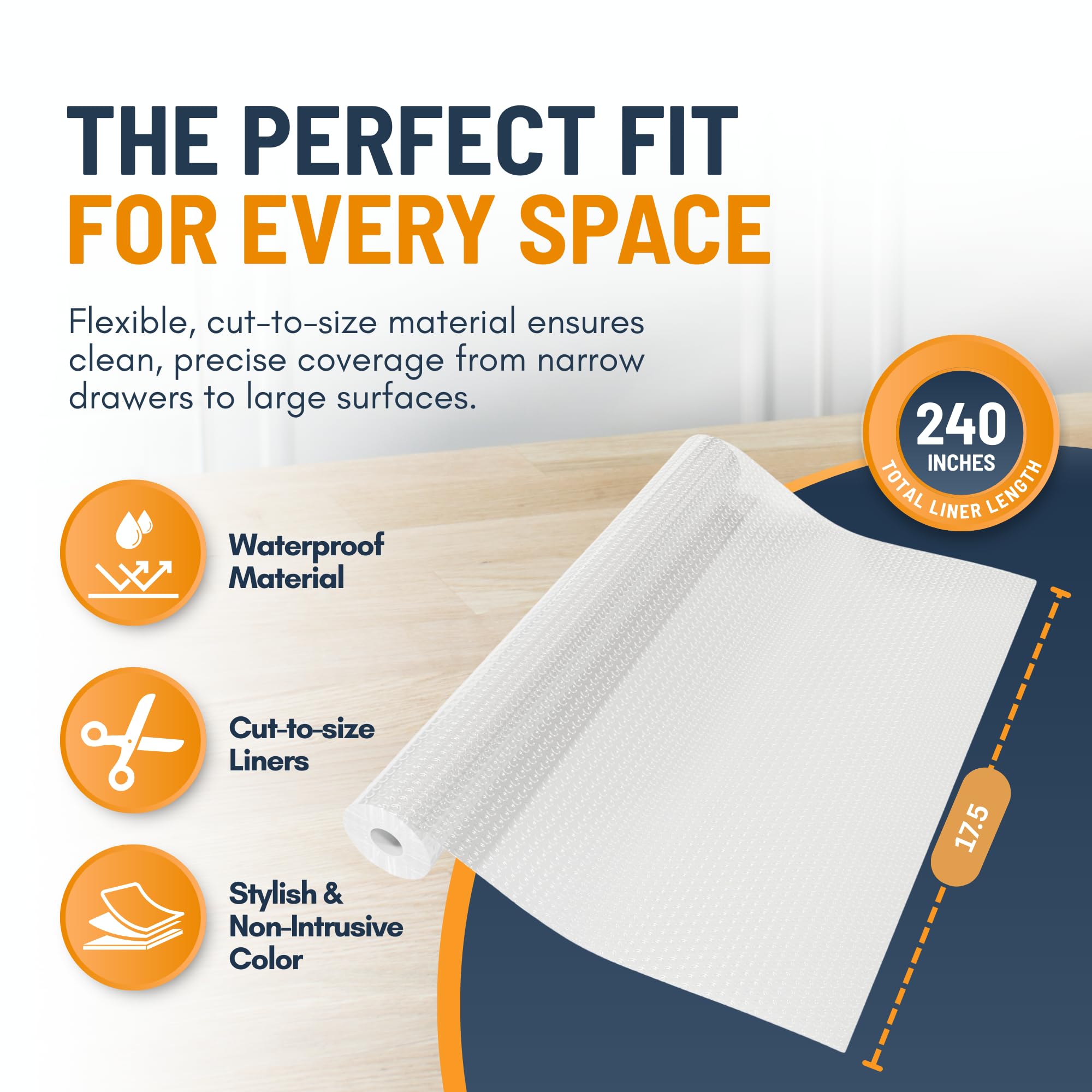 Drawer Liner Shelf Liners for Kitchen Cabinets Non-Adhesive by Linda’s Essentials (17.5 x 240 Inches) - Non-Slip Easy Clean Kitchen Cupboard and Cabinet Protector, Waterproof Mat, Clear Roll