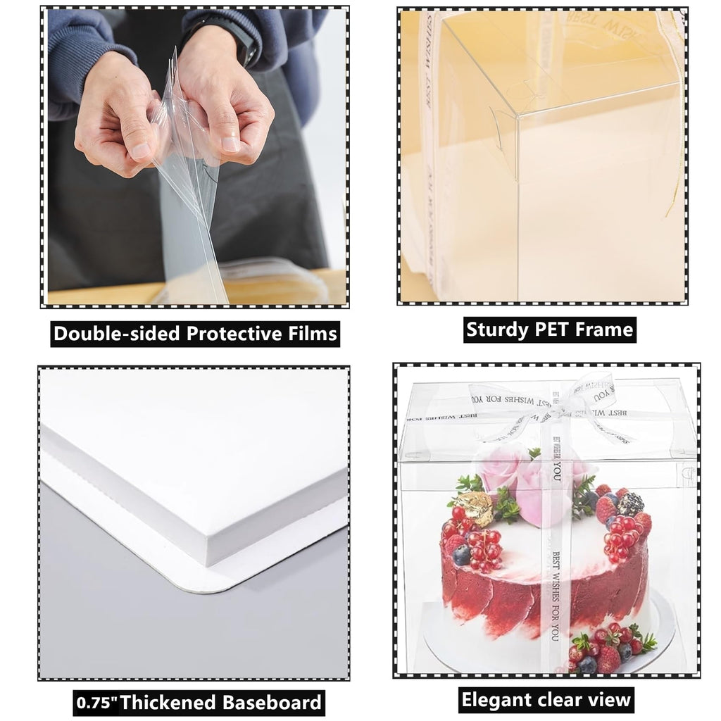 NROZIET 6 Pack Clear Cake Box, 2-Layer Transparent Cakes Box with Ribbon, 10" X 10" X 9" Tall Cake Carrier Boxes with Sturdy Board for Bakery Dessert Bread Pastry Birthday Parties, Wedding Graduation