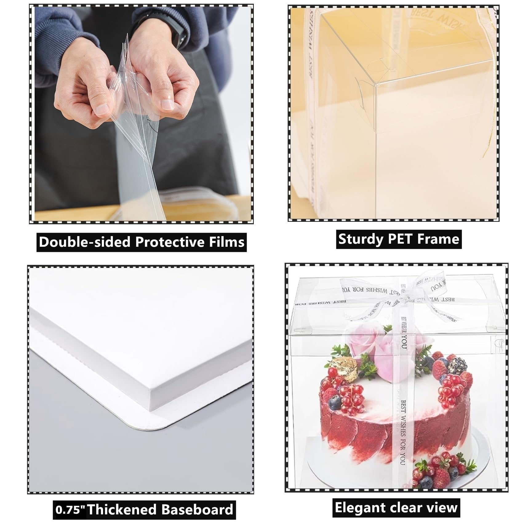 NROZIET 6 Pack Clear Cake Box, 2-Layer Transparent Cakes Box with Ribbon, 10" X 10" X 9" Tall Cake Carrier Boxes with Sturdy Board for Bakery Dessert Bread Pastry Birthday Parties, Wedding Graduation