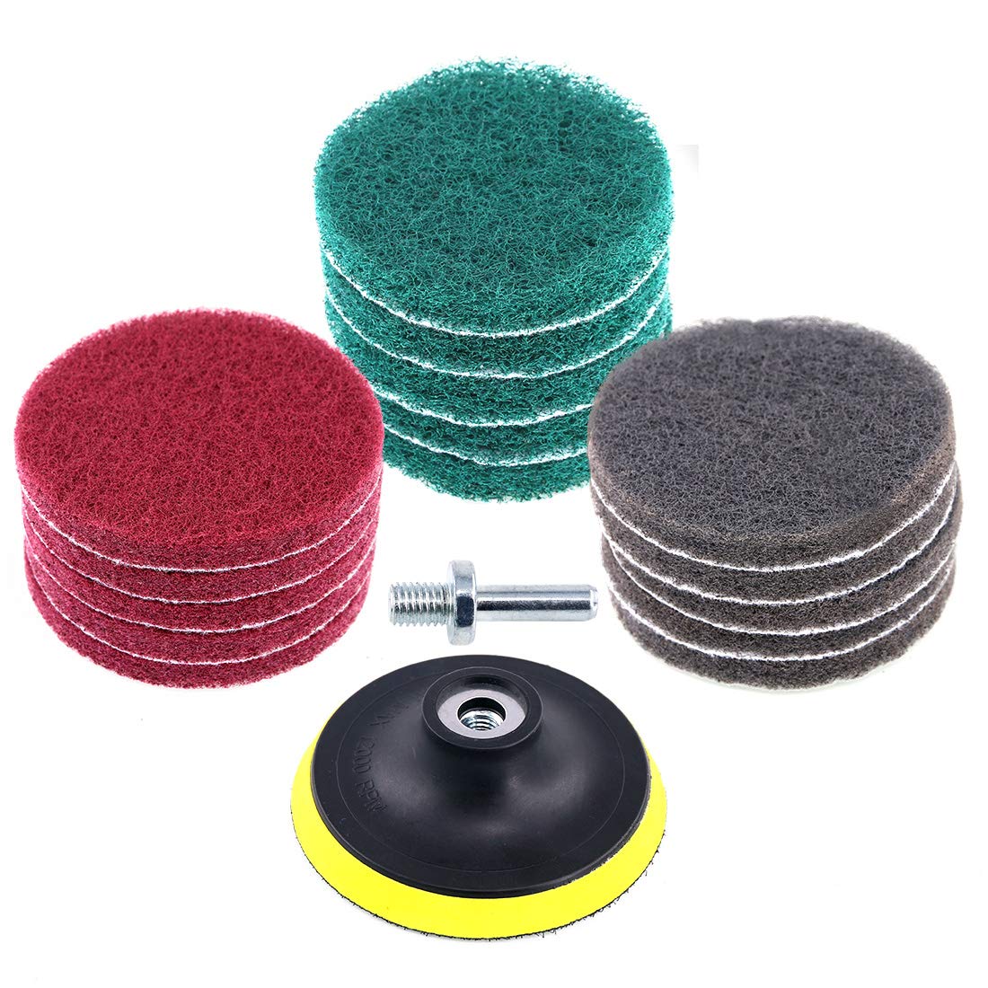 Glarks 16Pcs 4 Inch Drill Power Brush Tile Scrubber Scouring Pads Cleaning Kit with 4 Inch Disc Pad Holder for Bathroom & Kitchen Cleaning, 3 Different Stiffness (Red, Gray, Green)