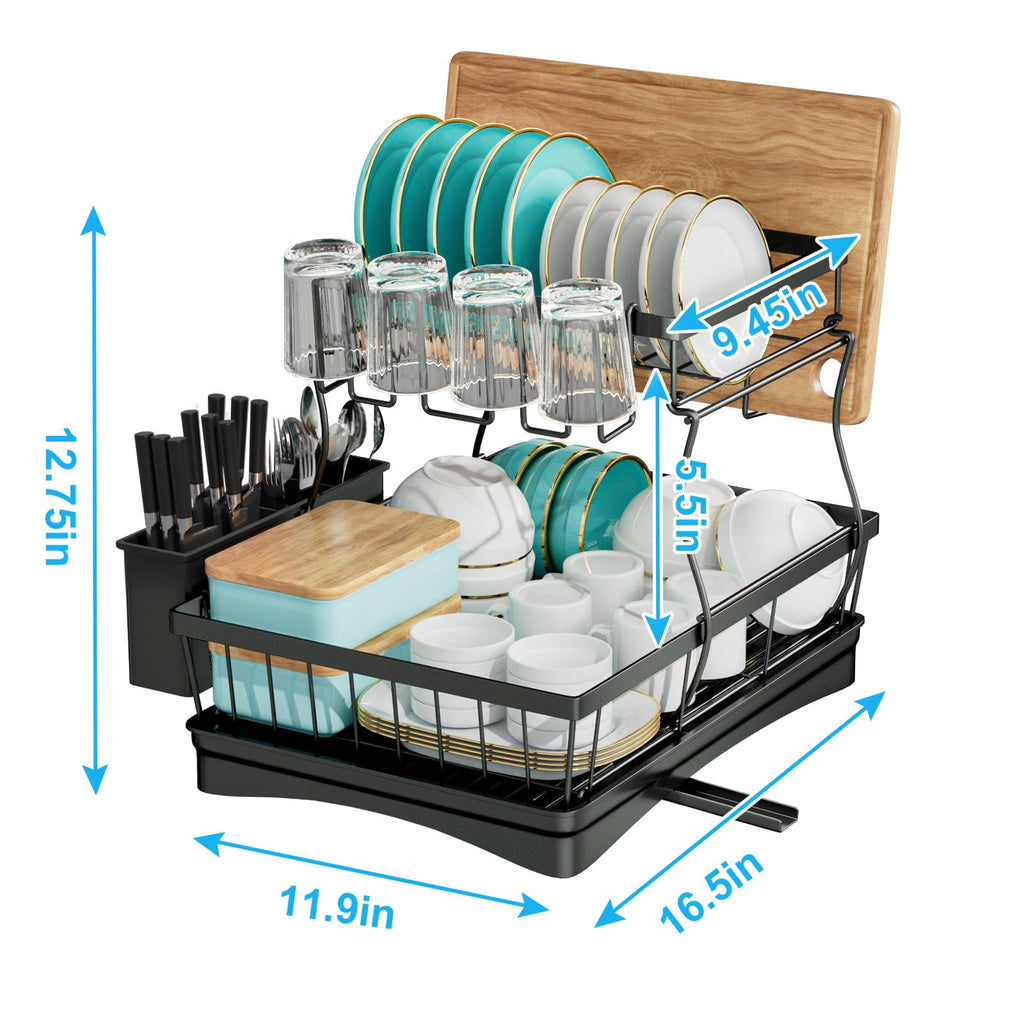 7 code Large Dish Drying Rack for Kitchen Counter,Detachable Large Capacity Dish Drainer Organizer with Utensil Holder,2-Tier Dish Drying Rack with Drain Board,Black