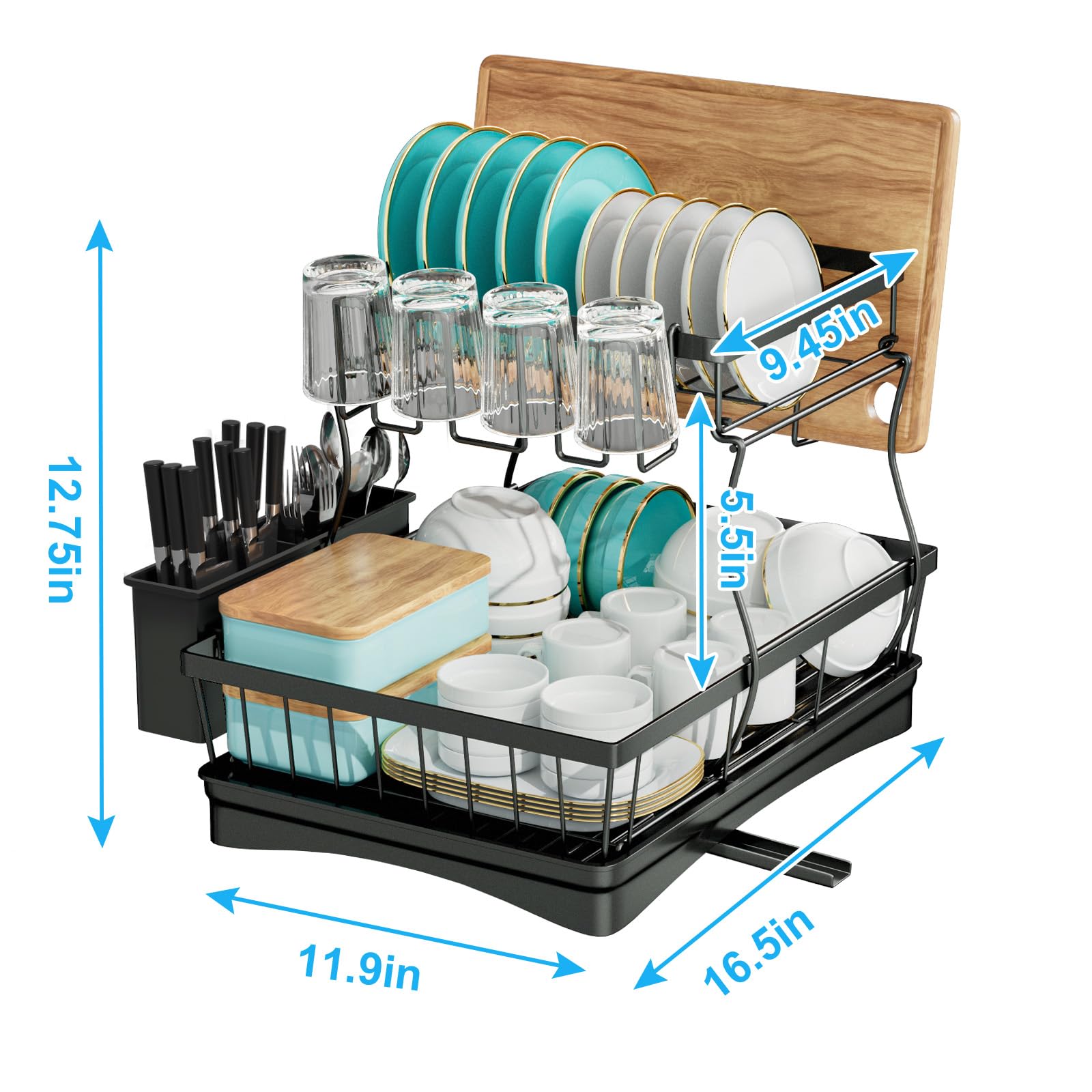 7 code Large Dish Drying Rack for Kitchen Counter,Detachable Large Capacity Dish Drainer Organizer with Utensil Holder,2-Tier Dish Drying Rack with Drain Board,Black