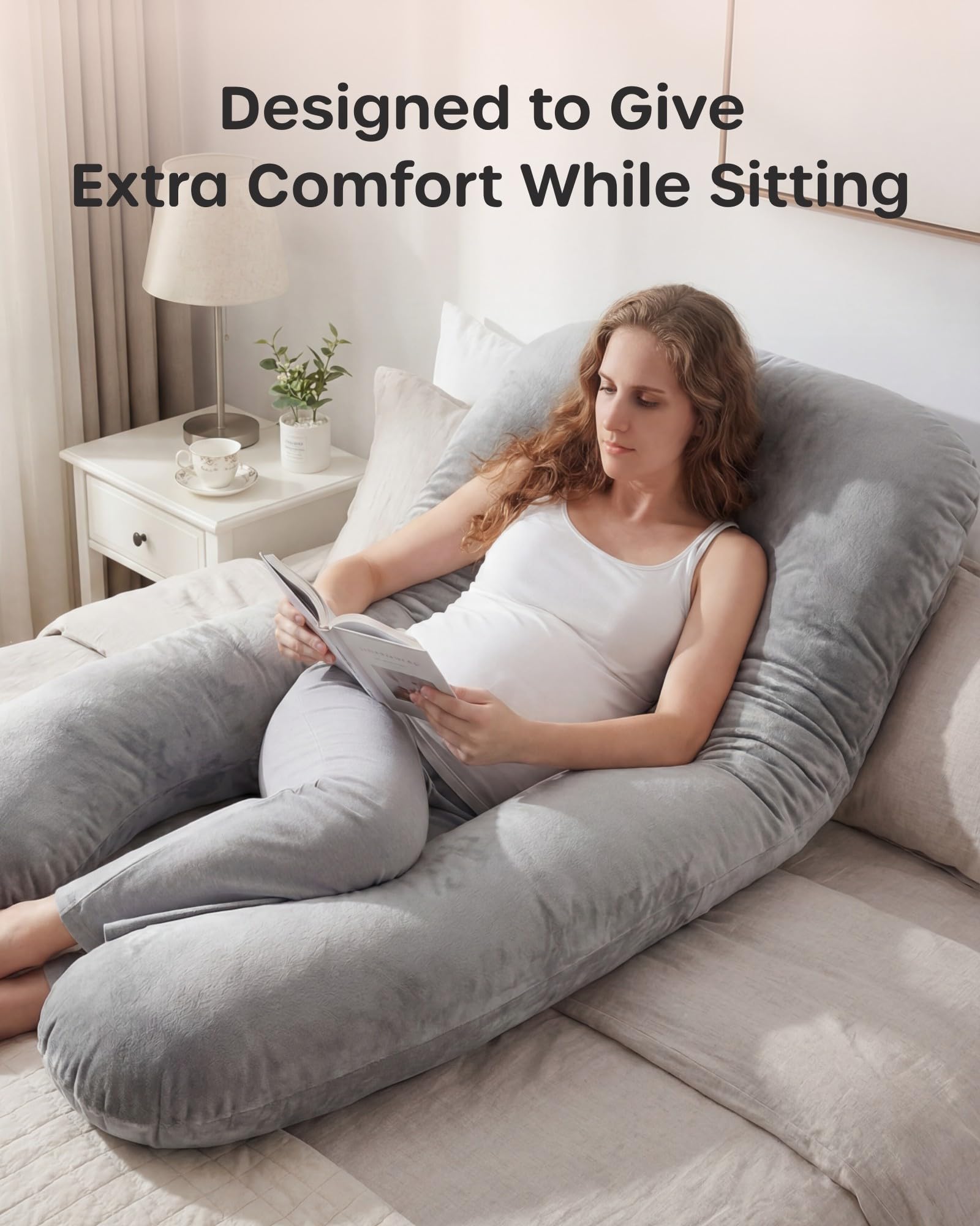 Nuliie Pregnancy Pillow for Sleeping, U Shaped Full Body Pillow Pregnancy Pillows, Maternity Pillow Support for Back, HIPS, Legs for Pregnant Women, with Washable Velvet Cover (Grey)
