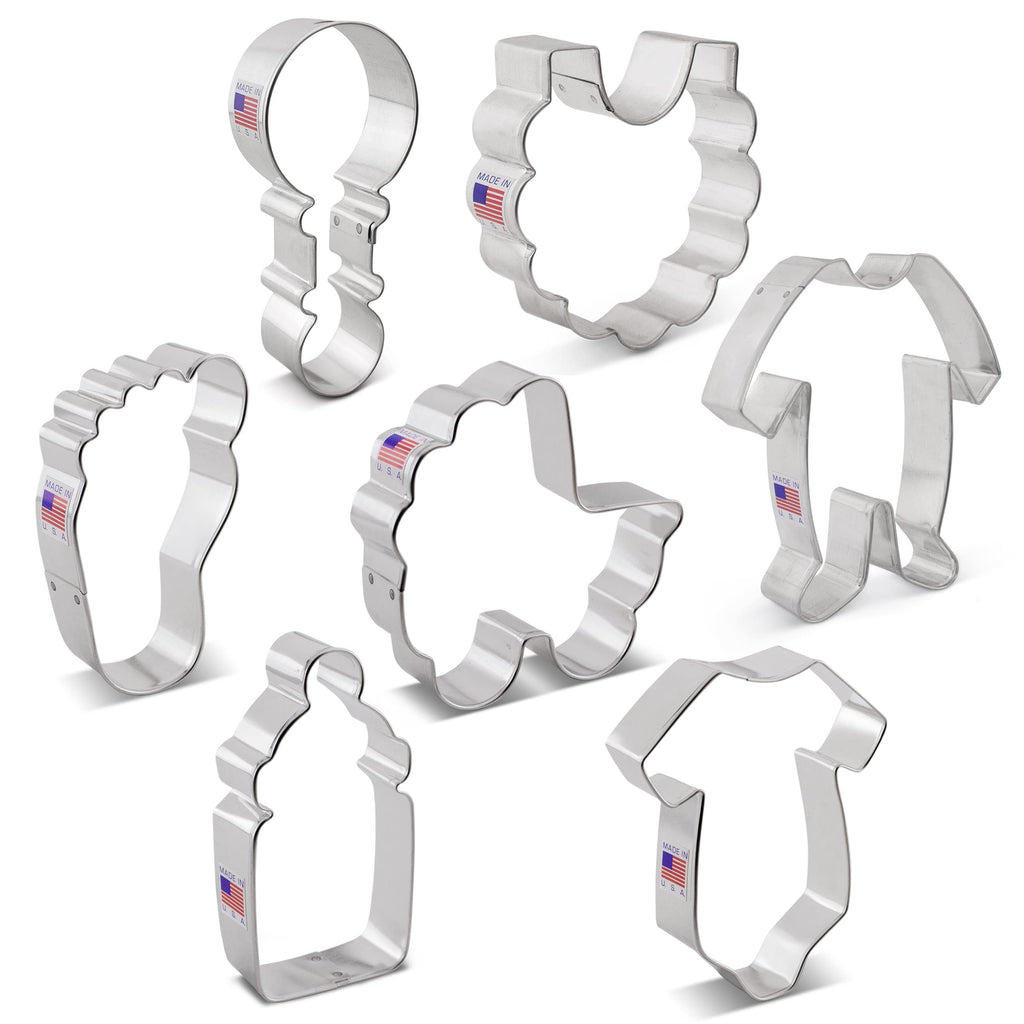 Baby Shower Cookie Cutters 7–Pc. Set Made by Ann Clark, Onesie, Bib, Rattle, Carriage, Baby Footprint and More
