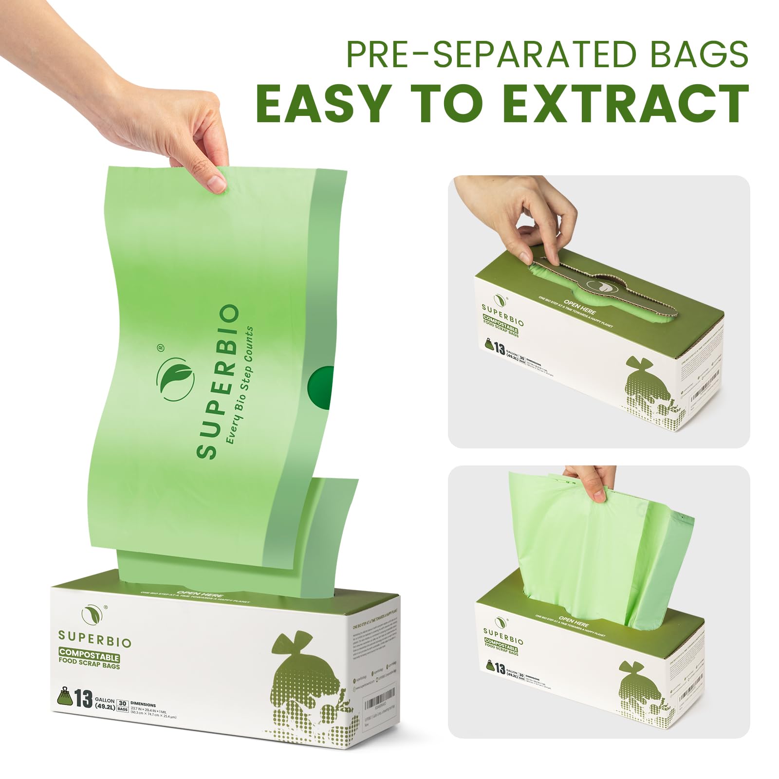 SUPERBIO Compostable Drawstring Kitchen Waste Bag, 49.2 L, 30 Count,1 Mil, Heavy Duty Food Scrap Bags, BPI, Seedling and OK compost INDUSTRIAL