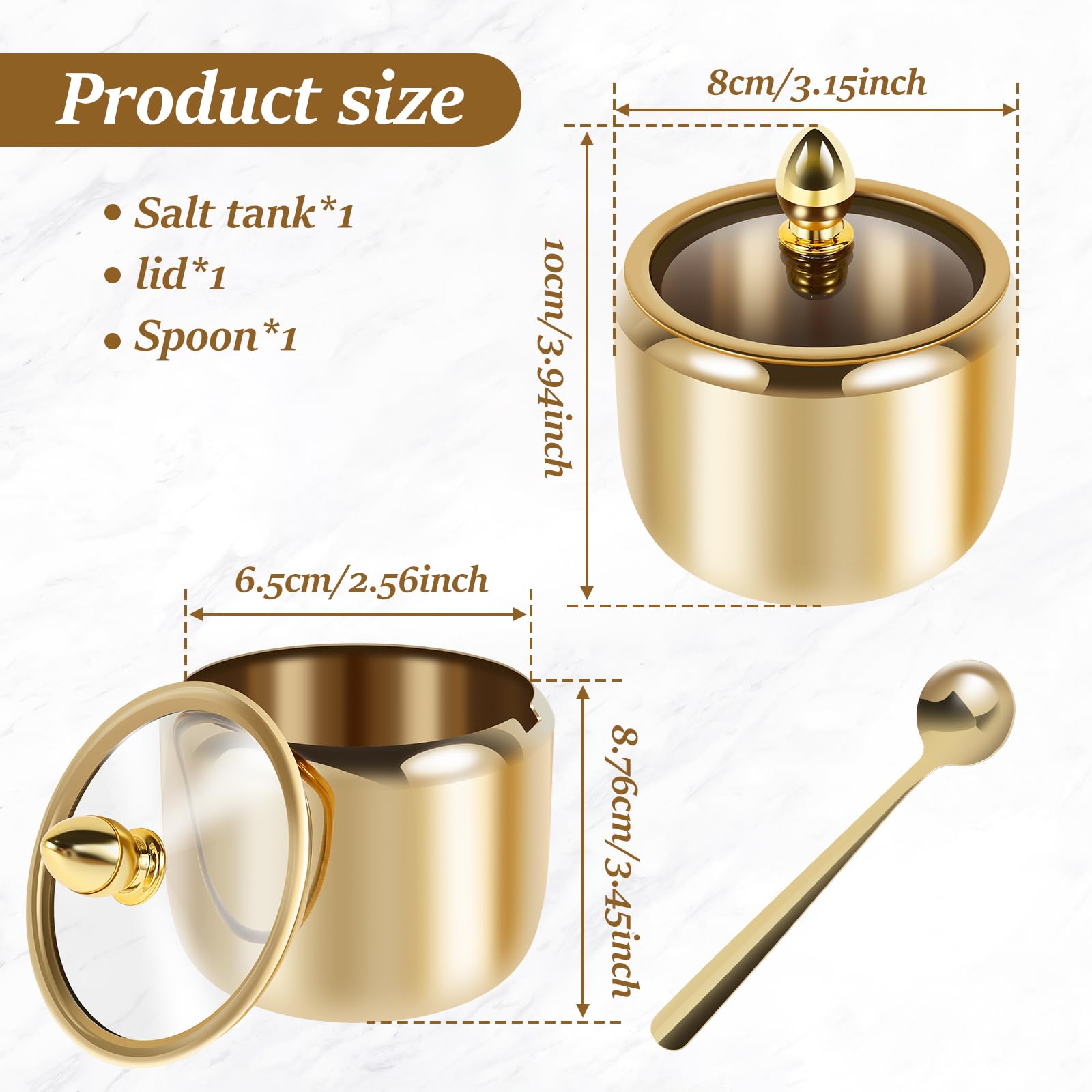 Spice Jar 304 Stainless Steel Sugar Container 10oz Sugar Jar with Clear Glass Lid and Spoon Gold Sugar jar Dishwasher Safe Seasoning Box Condiment Pot for Salt Candy Coffee Bean