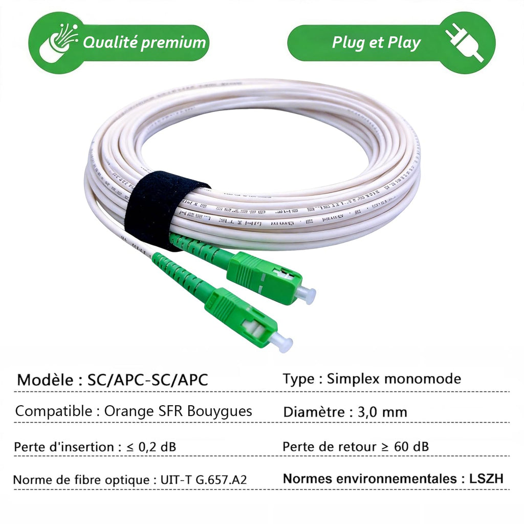 Elfcam® - 10m/32.81ft Fiber Optic Cable SCA to SCA Simplex Singlemode 9/125μm LSZH, Compatible with FTTH Cables, Rogers, Bell and Telus, White Color, 10 Meters