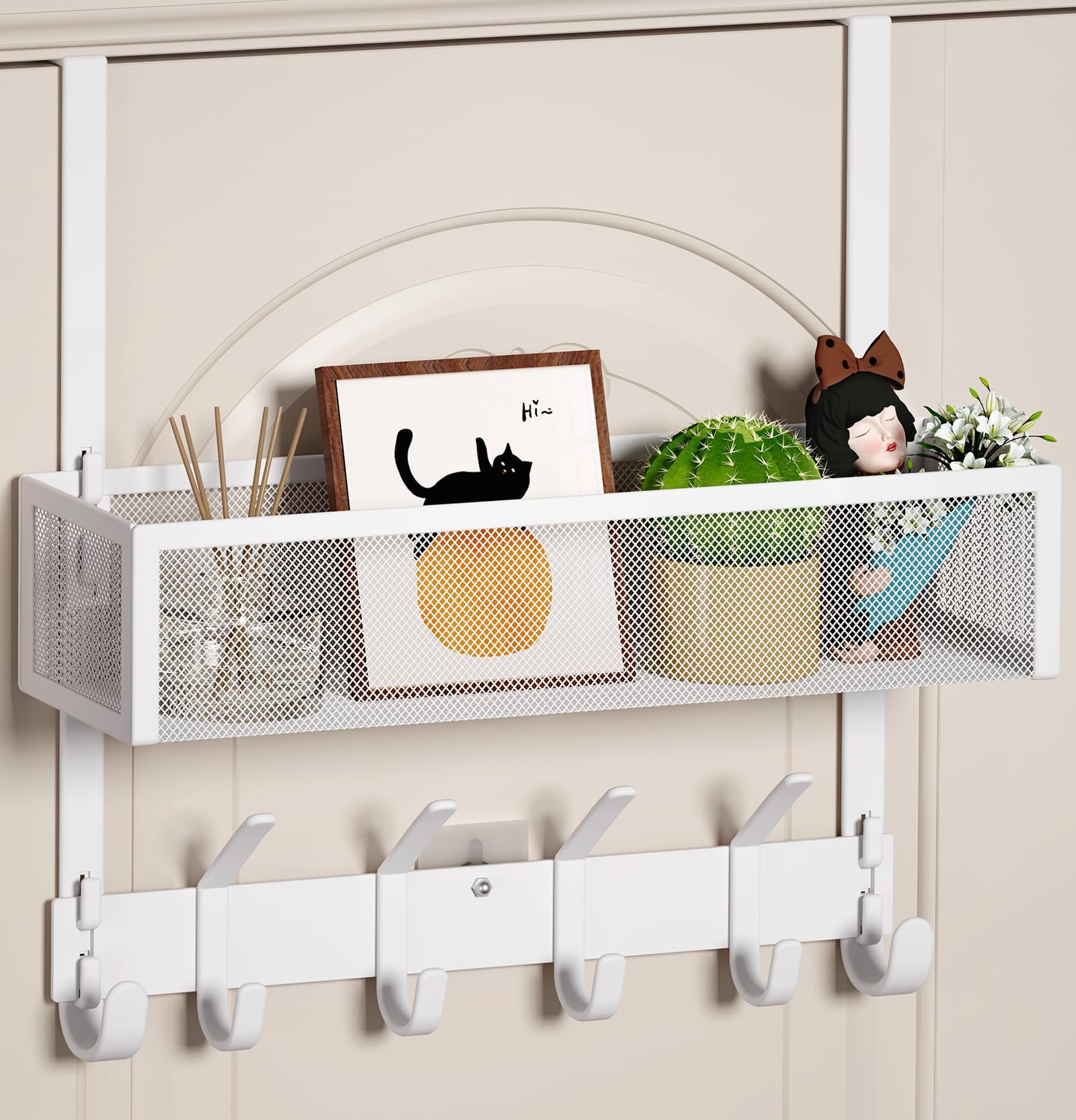 Aimeaihe Over The Door Hooks, Door Hanger Towel Rack with 10 Coat Hooks & A Mesh Basket, Over Door Organizer for Bathroom, Bedroom, Kitchen, Office, Door Storage Hanging Bags, Hats, Purses White