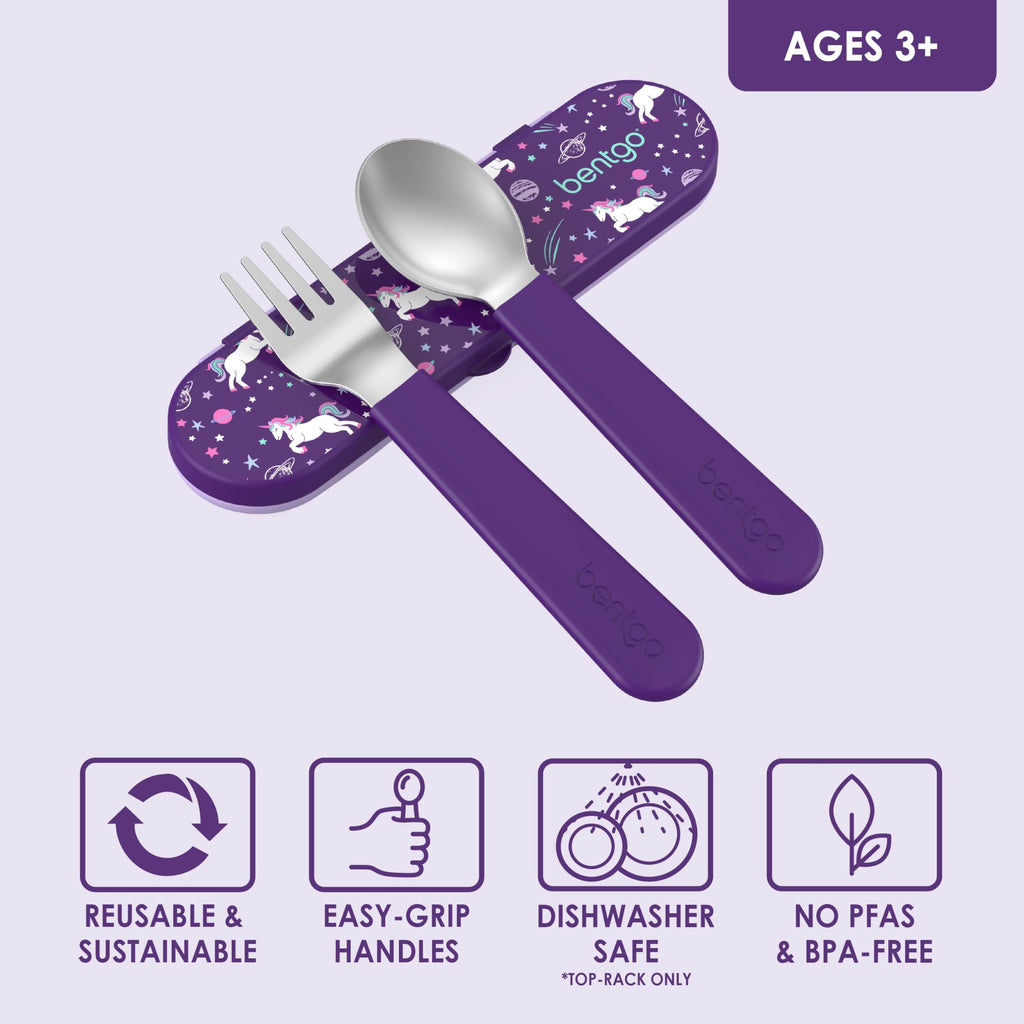 Bentgo® Kids Stainless Steel Utensil Set - Reusable Fork, Spoon & Storage Case - High-Grade BPA-Free Stainless Steel, Easy-Grip Handles, Dishwasher Safe for School Lunch, Travel & Outdoors (Unicorn)