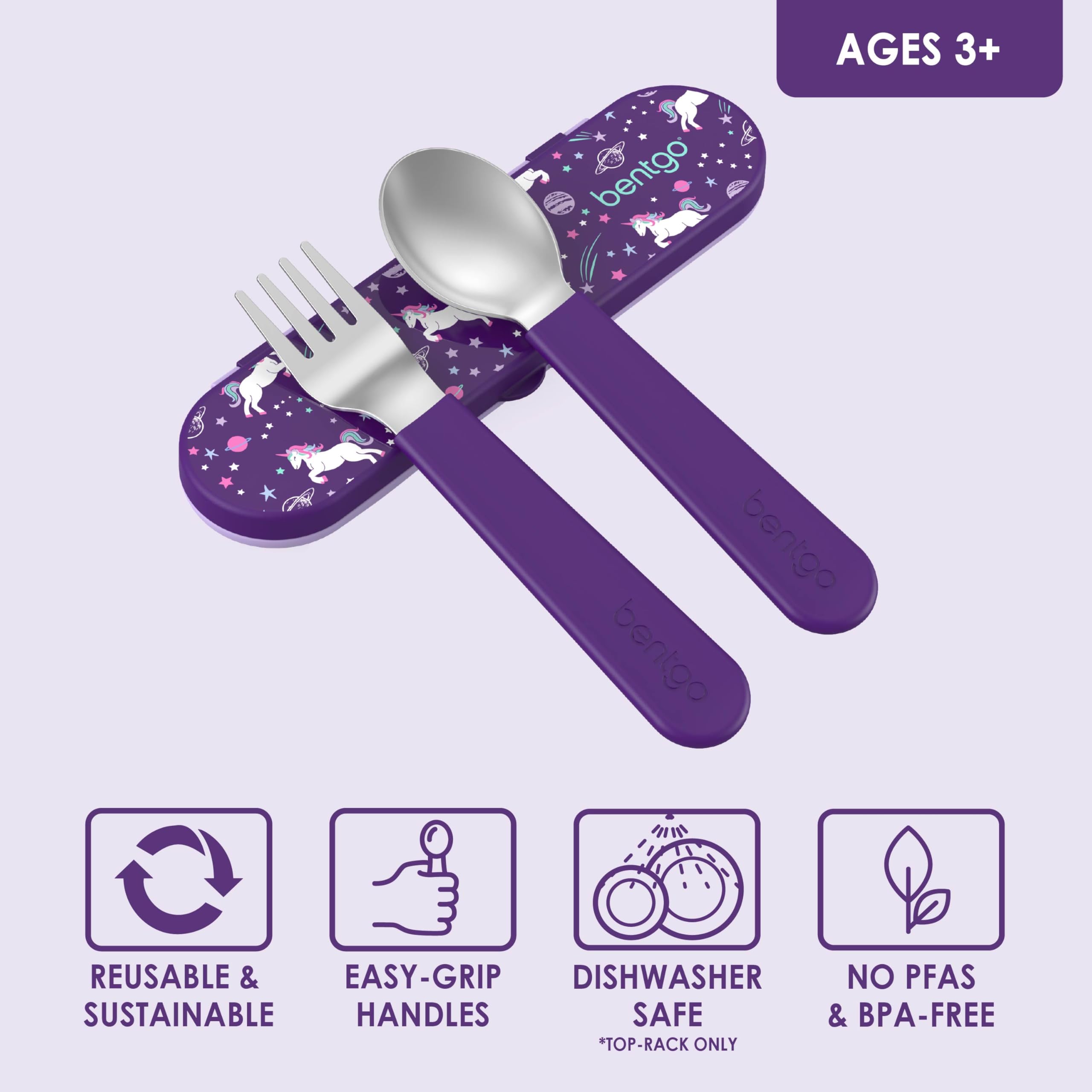 Bentgo® Kids Stainless Steel Utensil Set - Reusable Fork, Spoon & Storage Case - High-Grade BPA-Free Stainless Steel, Easy-Grip Handles, Dishwasher Safe for School Lunch, Travel & Outdoors (Unicorn)