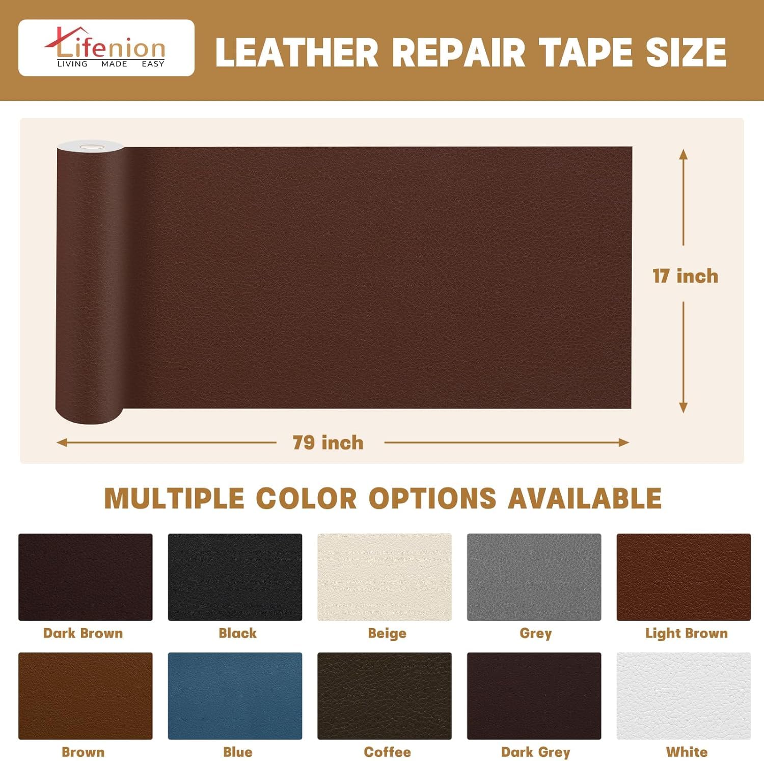Lifenion Leather Repair Patch, 17X79 Inch Self Adhesive Leather Repair Tape, Large Vinyl Patch Kit for Couches, Sofa, Furniture, Car Seats, Office Chairs, Cabinets, Handbags（Black, 17X79 Inch）