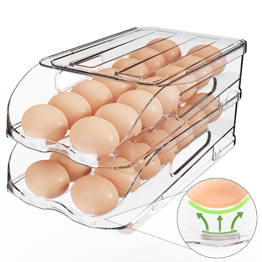 SMRCAD Egg Holder for Fridge, Automatic Stable Rolling Egg Dispenser with Handle & Silicone Pad for Refrigerator, Large Capacity Egg Organizer with Lid (2 Tier Holder 24 Eggs（M SIZE）)