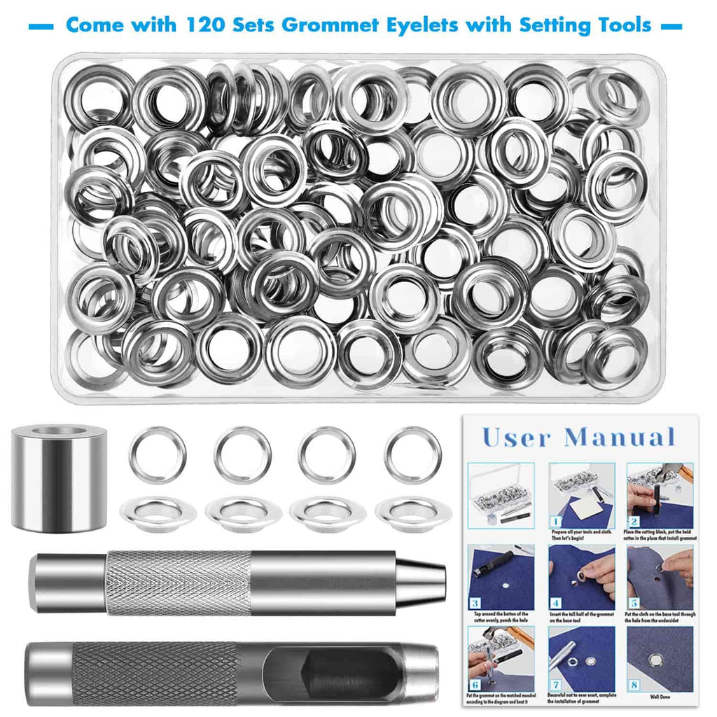 120 Sets Grommet Tool Kit 12.7mm, Cridoz Grommet Eyelets Kit with Setting Tools and Storage Box for Fabric, Tarps, Curtains