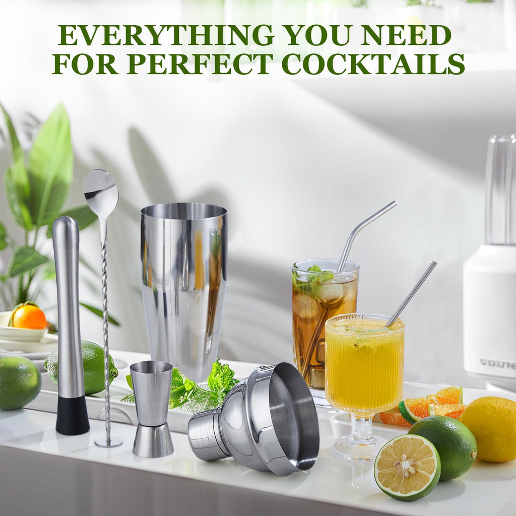 Cocktail Shaker Set, 23-Piece Stainless Steel Bartender Kit with Acrylic Stand & Cocktail Recipes Booklet, Professional Bar Tools for Drink Mixing, Home, Bar, Party (Sliver, 25oz)