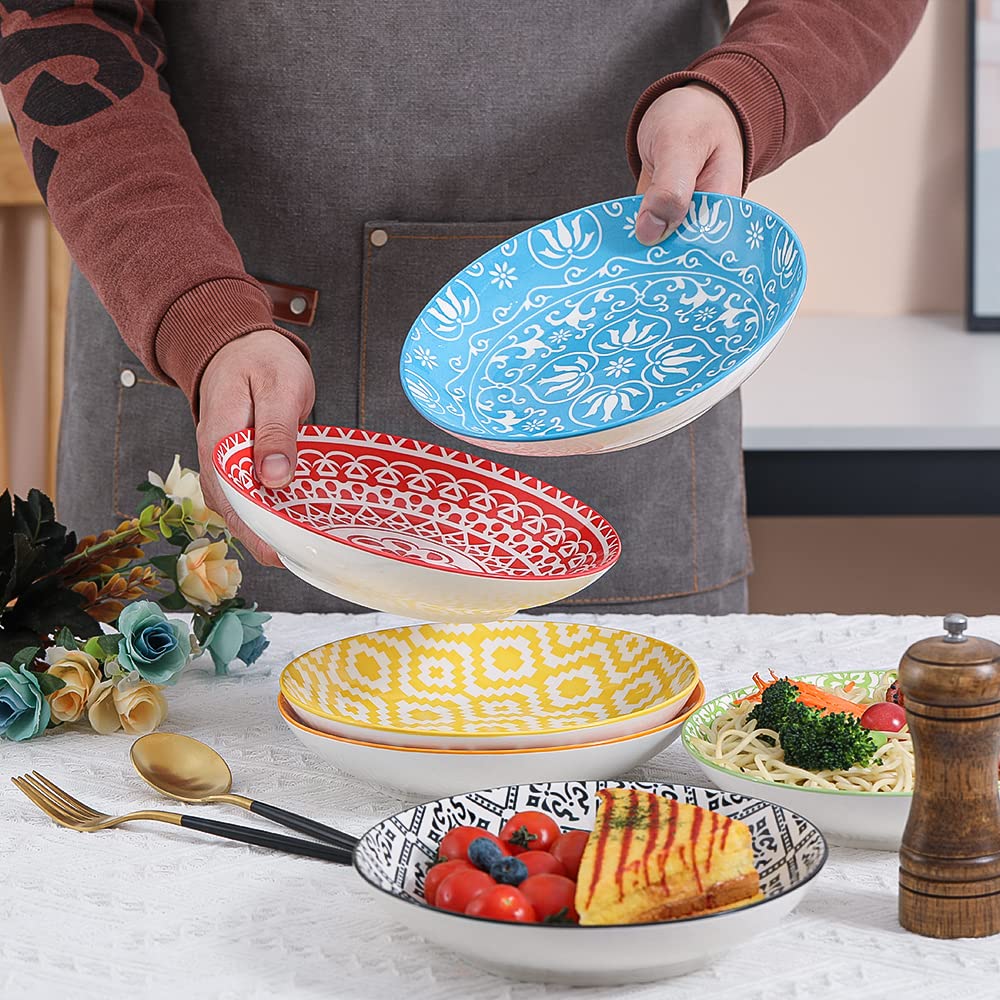 Pasta Bowls Set of 6 – 23 oz Shallow Ceramic Pasta Bowls, Perfect for Pasta, Salad, Soup & More – Microwave, Dishwasher & Oven Safe Colorful Pasta Bowl