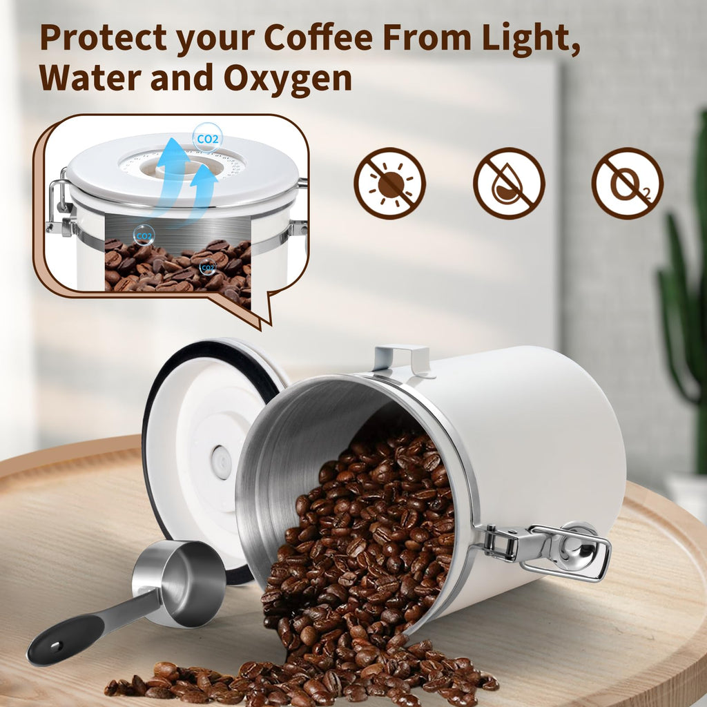 Olyzer Stainless Steel Coffee Canister 22 oz, Airtight Coffee Storage Container with Scoop, Date Tracker & CO2 Releasing Valves, for Grounds and Beans, White