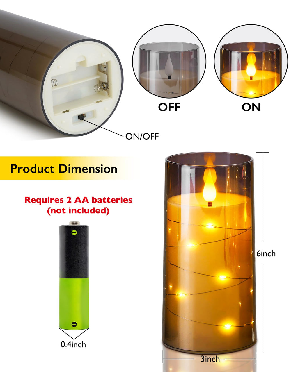 AMAGIC Flameless Pillar Candles Built-in String Lights, Battery Candle Flickering with Remote Timer, Fake LED Candles for Home Wedding Festival Decoration, 2 Pack Gray 3" x 6"