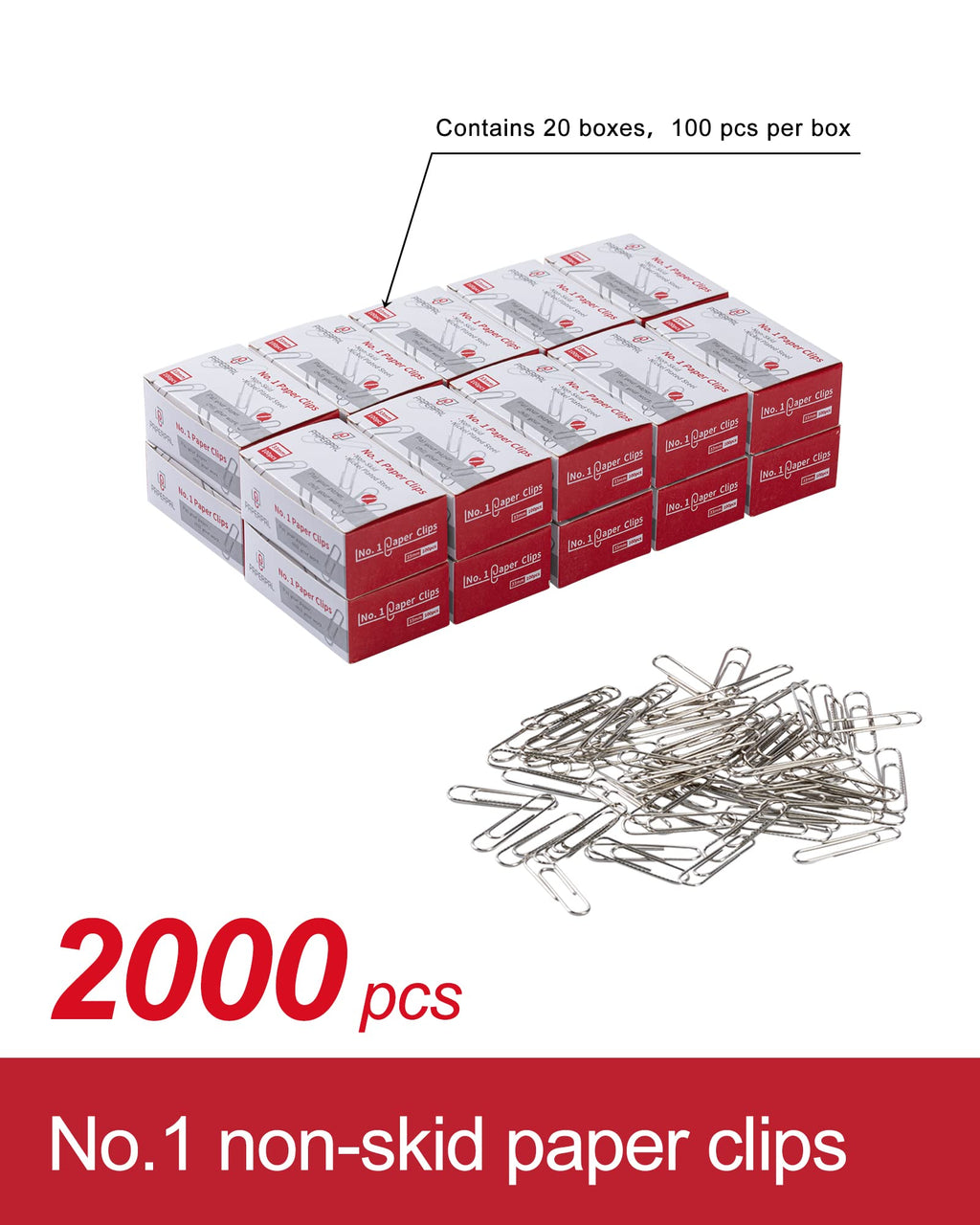 PAPERPAL #1 Nonskid Paper Clips, 2000 Medium Paper Clips (20 Boxes of 100 Each), Bulk Paperclips for Office School & Personal Use, Daily DIY, 1-2/7" Silver Heavy Duty Non-Skid Paper Clip Standard Size