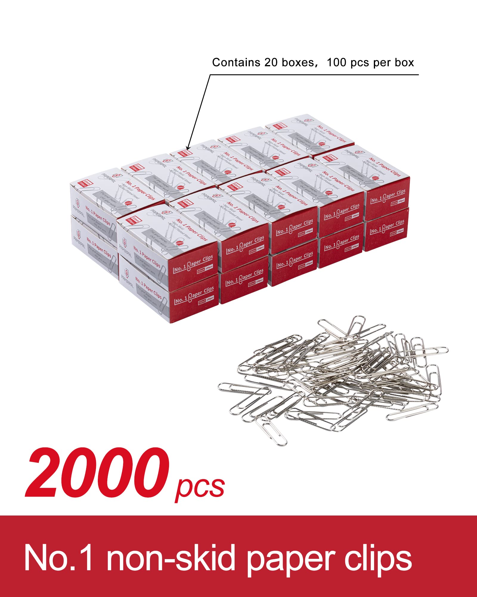 PAPERPAL #1 Nonskid Paper Clips, 2000 Medium Paper Clips (20 Boxes of 100 Each), Bulk Paperclips for Office School & Personal Use, Daily DIY, 1-2/7" Silver Heavy Duty Non-Skid Paper Clip Standard Size