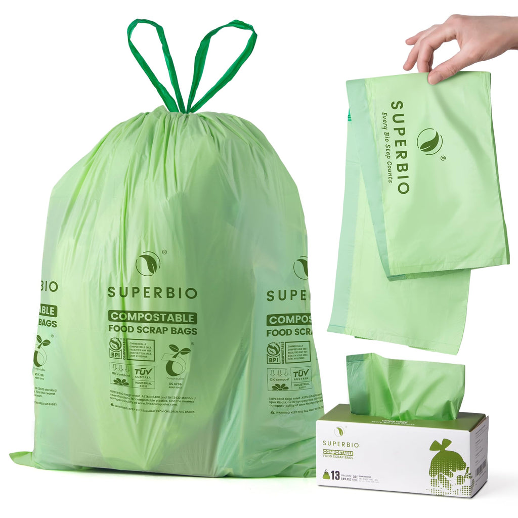 SUPERBIO Compostable Drawstring Kitchen Waste Bag, 49.2 L, 30 Count,1 Mil, Heavy Duty Food Scrap Bags, BPI, Seedling and OK compost INDUSTRIAL