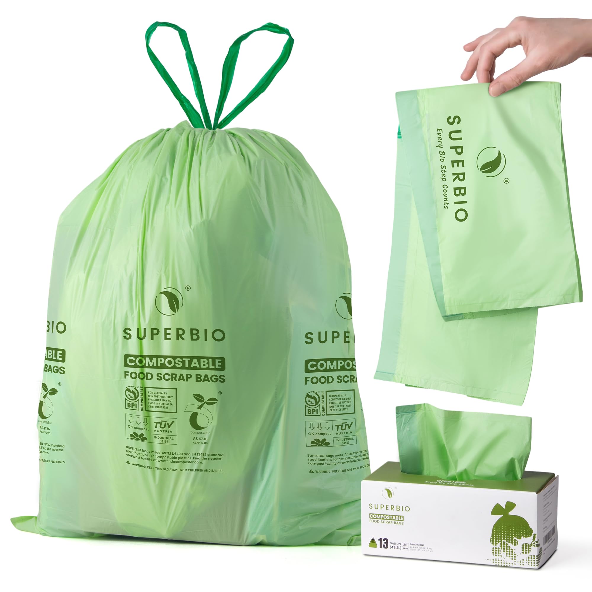SUPERBIO Compostable Drawstring Kitchen Waste Bag, 49.2 L, 30 Count,1 Mil, Heavy Duty Food Scrap Bags, BPI, Seedling and OK compost INDUSTRIAL