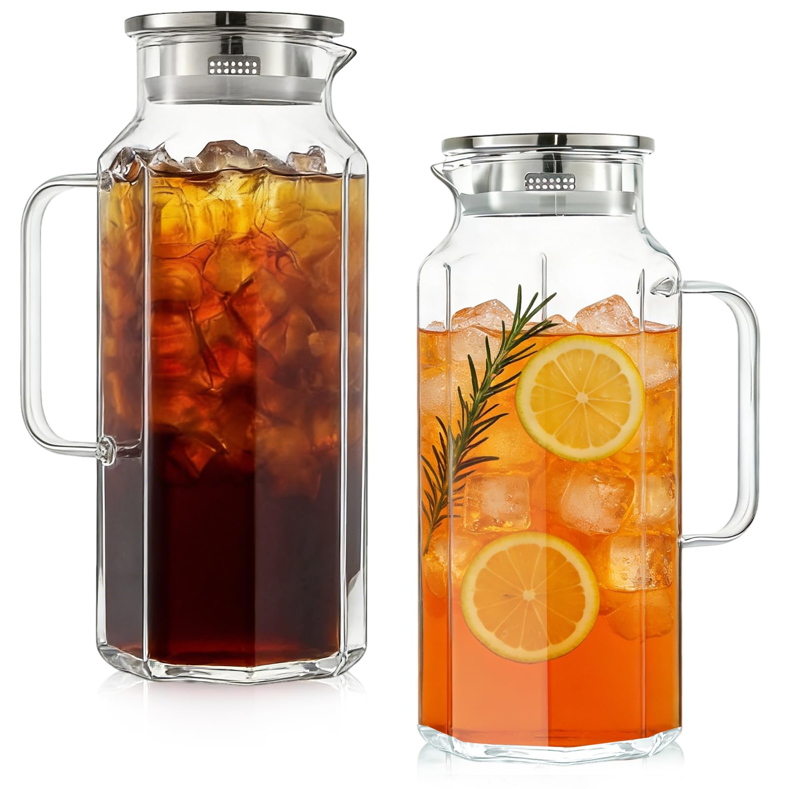 2 Pack 2 Liters/68 oz Octagon Glass Water Pitcher with Lid and Spout, Water Pitchers with Handle for Fridge, Borosilicate Glass Carafe for Hot/Cold Drink, Extra Large Jug for Iced Tea, Coffee.