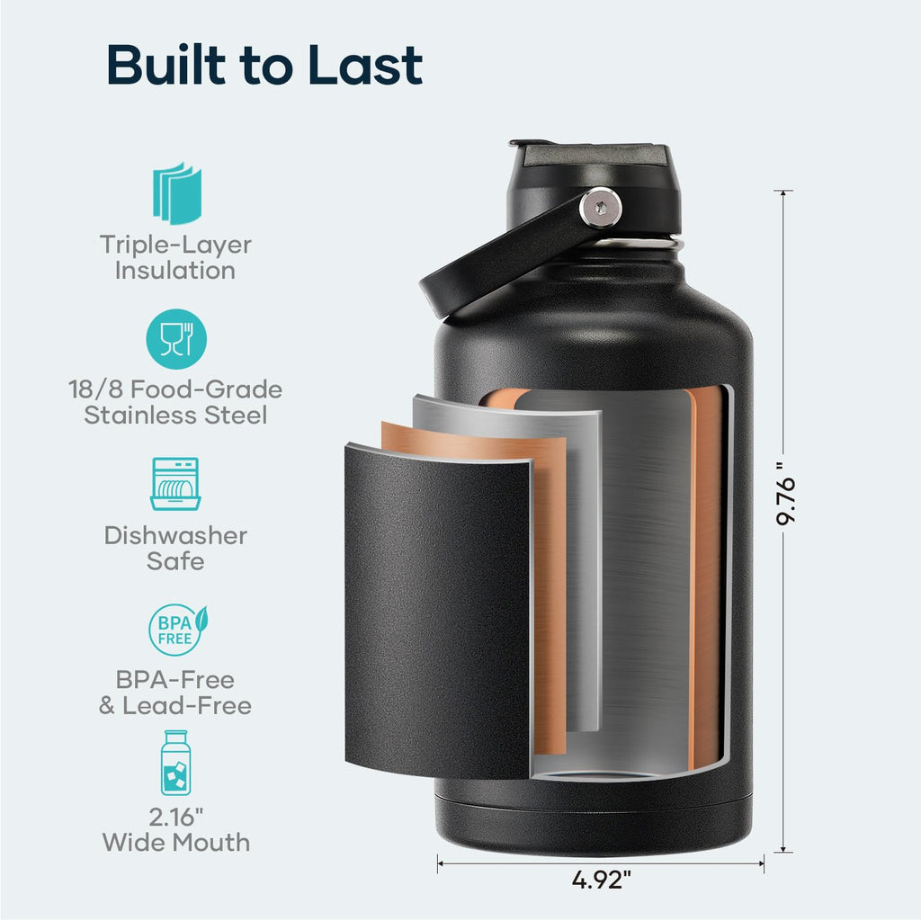 BUZIO 64oz Insulated Water Bottle, Stainless Steel Half Gallon Metal Jug (Cold for 48 Hrs) Triple Wall Large Leakproof Wide Mouth Drink Flask with Straw Lid Flex Cap for Gym Sports Hiking, Camping