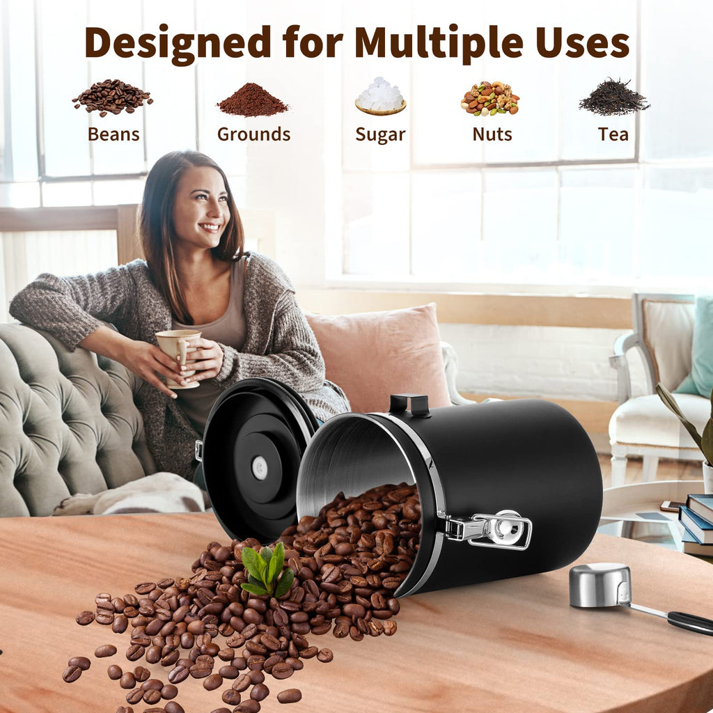 Airtight Coffee Canister, Stainless Steel Coffee Beans and Grounds Storage Container with Date Tracker, Scoop, 6Pcs CO2 Valves, for Beans, Grounds, Tea, Sugar, Black