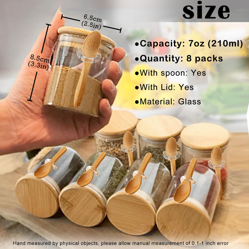 Spice Jars with Label 7oz Glass Storage Containers with Lids and Spoon Small Glass Jars for Overnight Oats Cereal Containers Storage Meal Prep Jars for Sugar Yogurt Chia Pudding Salt Candy 8pcs