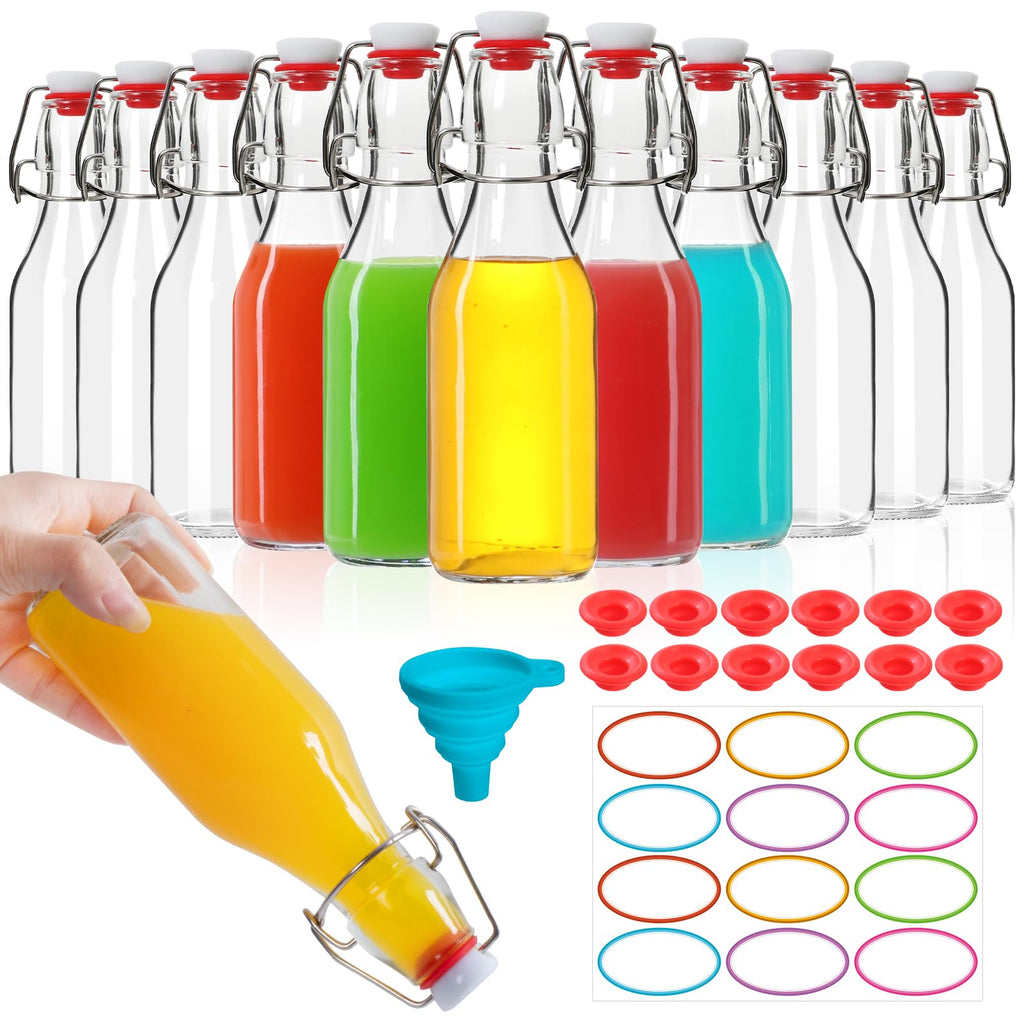 EkkoVla 12 Pack 8 oz Swing Top Glass Bottles, Flip Top Brewing Bottles with Airtight Rubber Seal Flip Caps for Kombucha, Beverages, Oil, Beer, Kefir, Vinegar, Wine