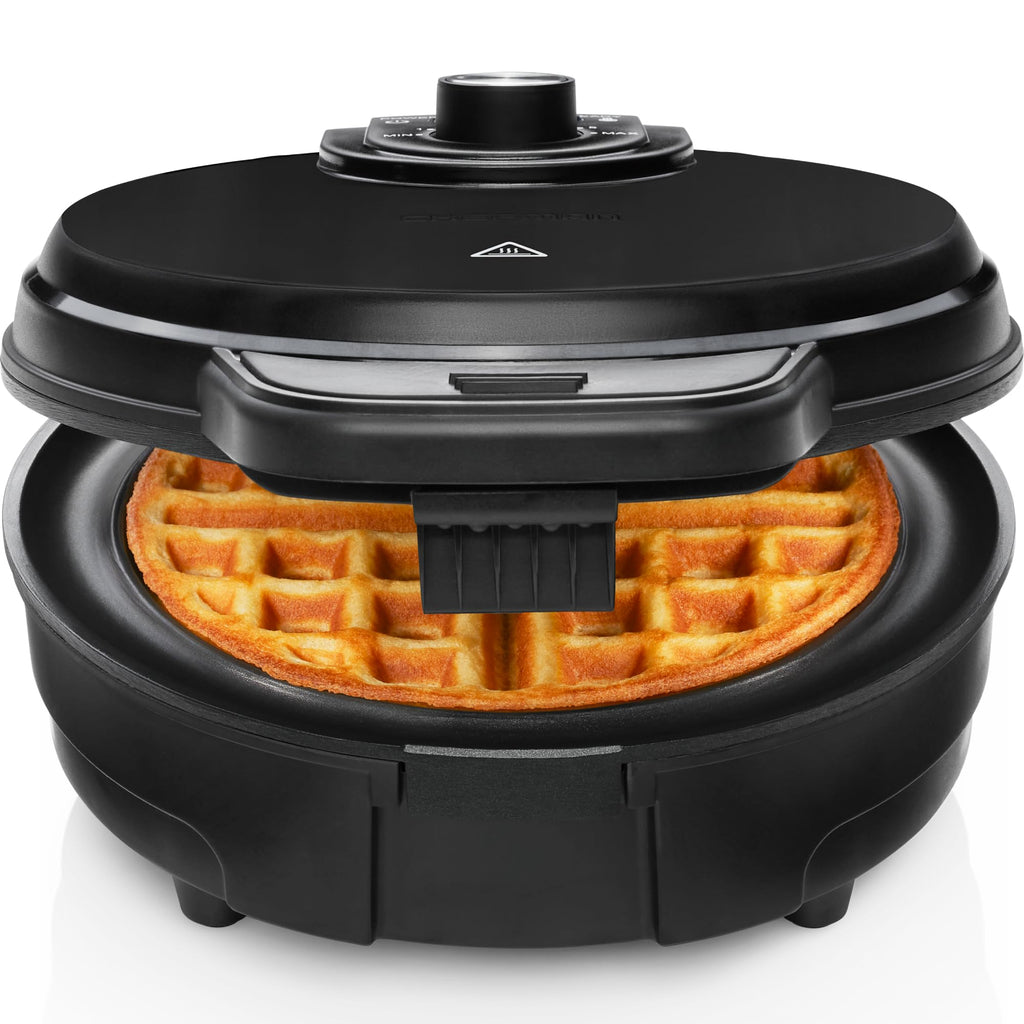 Chefman Anti-Overflow Belgian Waffle Maker w/ Shade Selector, Temperature Control, Mess Free Moat, Round Iron w/ Nonstick Plates & Cool Touch Handle, Measuring Cup Included, Black