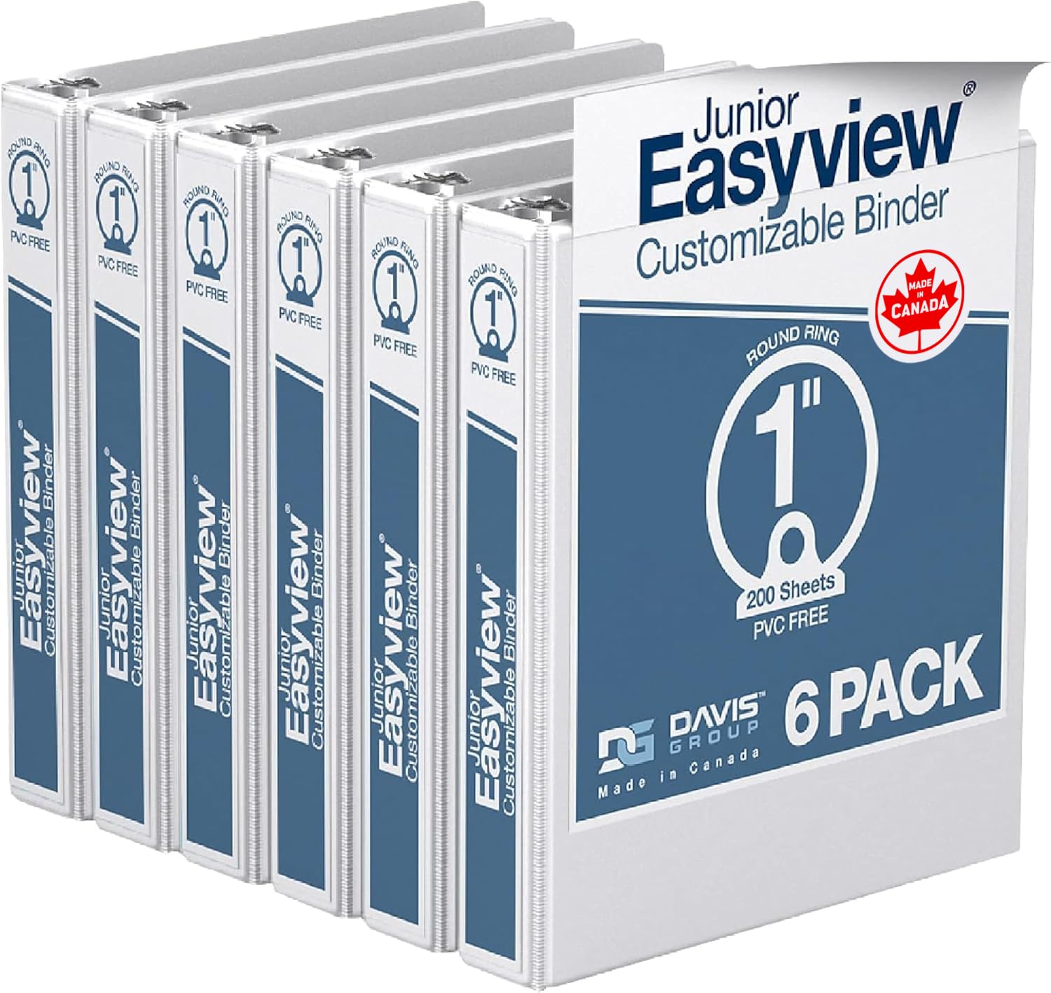Easyview Premium, 1-Inch Mini Binder, 3-Ring Binders for School, Office, or Home, Colored Binder Notebooks, Pack of 6, Round Ring, White