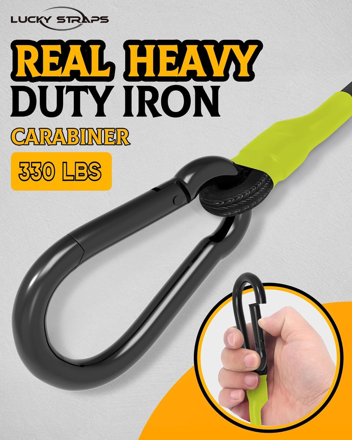 190 lbs Heavy Duty Bungee Cords with Carabiner Hooks, Lucky Straps 12-Inch Short Elastic Straps with Clips for Cargo Tie Down, Truck, Luggage Rack, Cart, Bike, Camping, Black/Yellow, 8-Pack