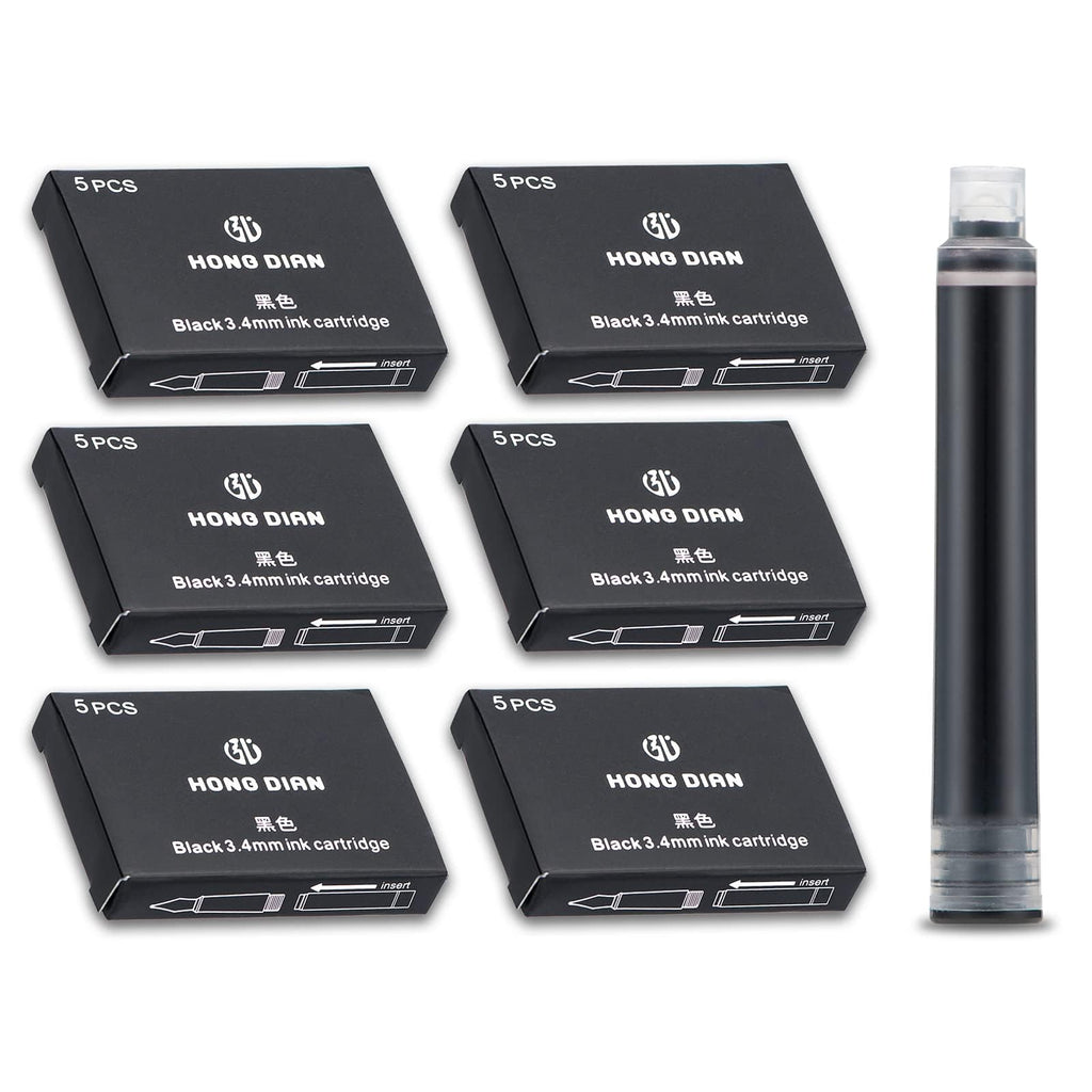Asvine Fountain Pen Ink Cartridges Black Color, Set of 30 Refill Ink Cartridges, 3.4 mm Bore Diameter