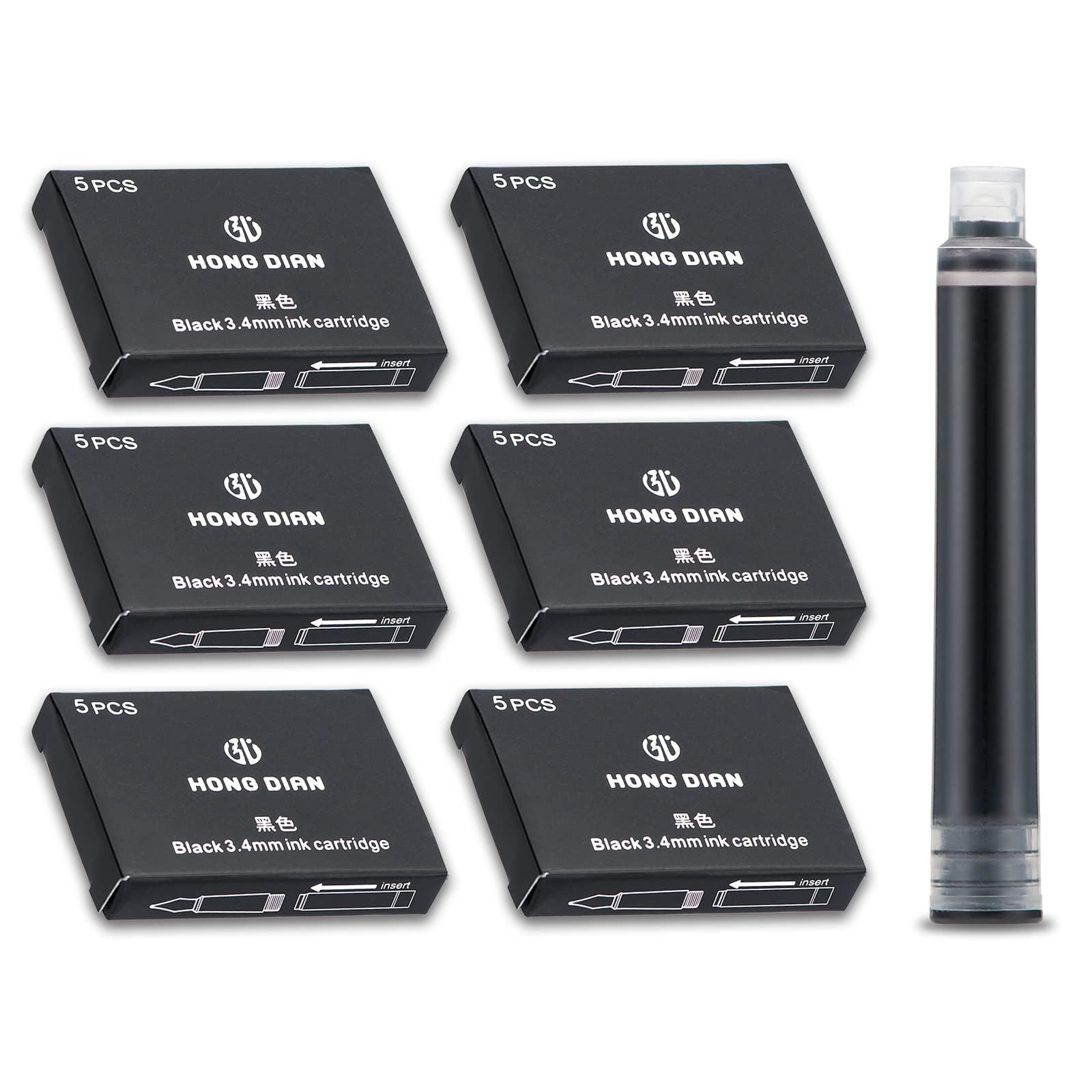 Asvine Fountain Pen Ink Cartridges Black Color, Set of 30 Refill Ink Cartridges, 3.4 mm Bore Diameter