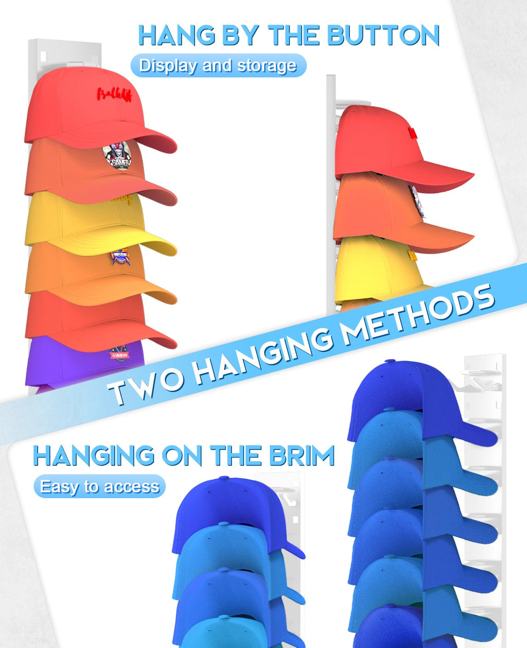 2 Pack Hat Organizer for Baseball Caps, Strong Adhesive Hat Rack for Wall, Multilayer Storage Display Holder, Wall Mounted Hat Hooks Hold up to 18 Hats for Closet Door and Bedroom (White)