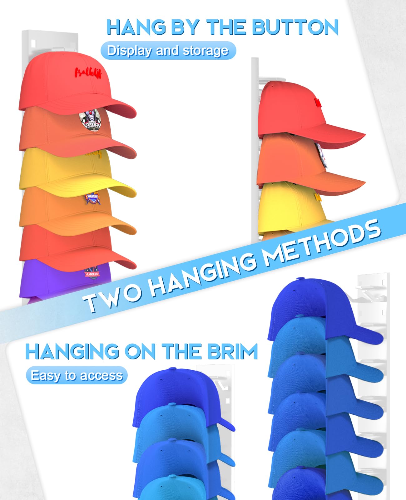 2 Pack Hat Organizer for Baseball Caps, Strong Adhesive Hat Rack for Wall, Multilayer Storage Display Holder, Wall Mounted Hat Hooks Hold up to 18 Hats for Closet Door and Bedroom (White)
