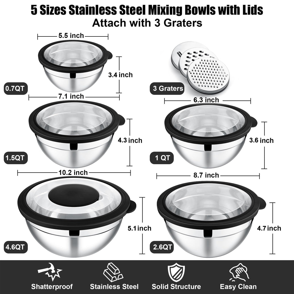 E-far Mixing Bowls Set of 5, Stainless Steel Salad Mixing Bowl with Transparent Lid, Metal Nesting Bowl Attach with 3 Graters for Kitchen Prepping/Serving/Baking/Storage, 4.6/2.6/1.5/1/0.7 QT - Black