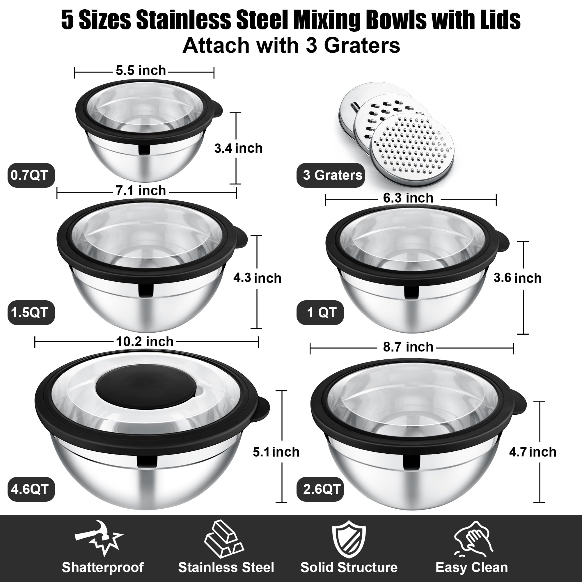 E-far Mixing Bowls Set of 5, Stainless Steel Salad Mixing Bowl with Transparent Lid, Metal Nesting Bowl Attach with 3 Graters for Kitchen Prepping/Serving/Baking/Storage, 4.6/2.6/1.5/1/0.7 QT - Black