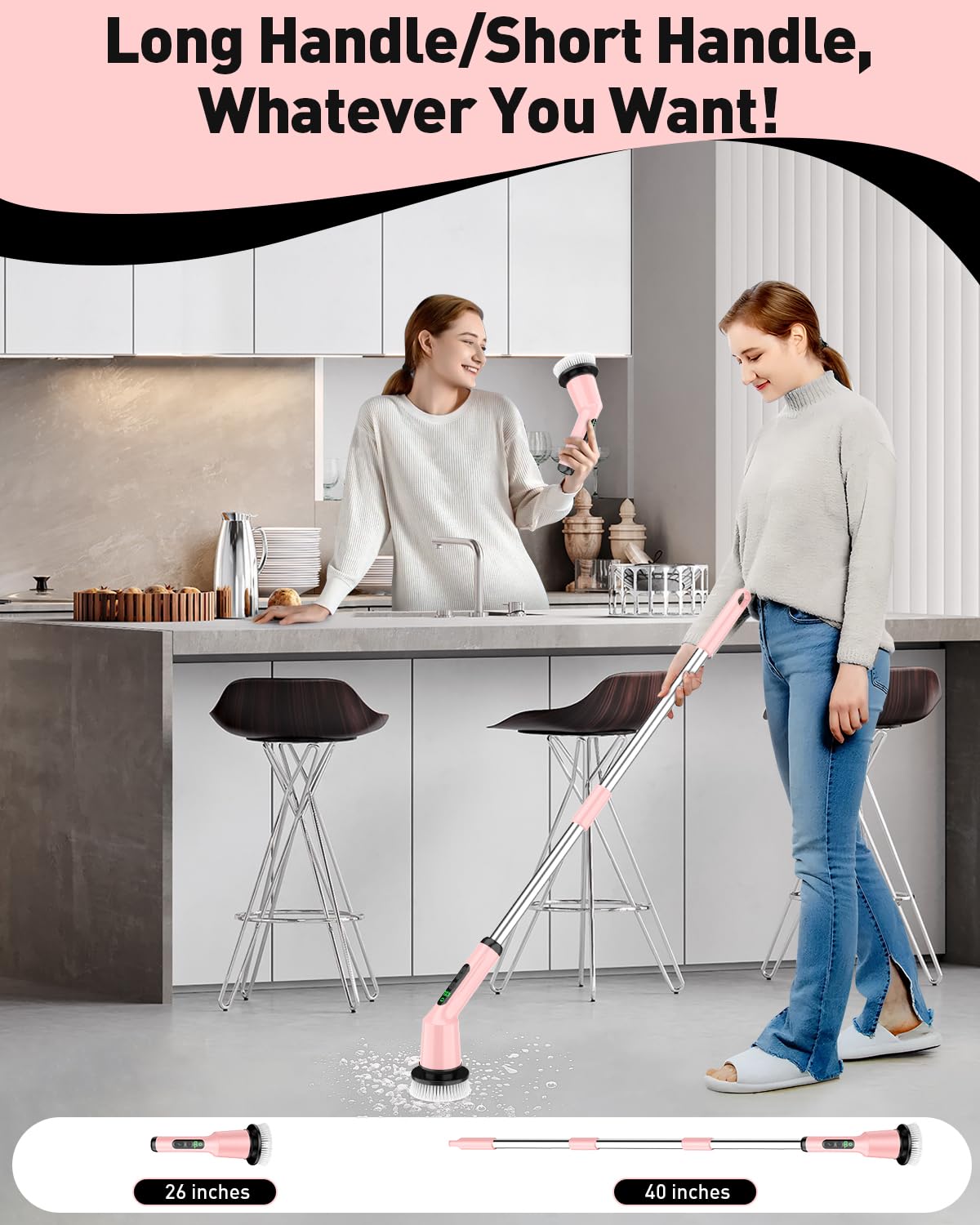 Electric Spin Scrubber for Cleaning Bathroom, Shower Scrubber Cordless Cleaning Brush with IPX7 Waterproof & 2 Speed, 3 Brush Heads, Bathroom Cleaning Supplies for Shower Tub Kitchen Toilet Pink