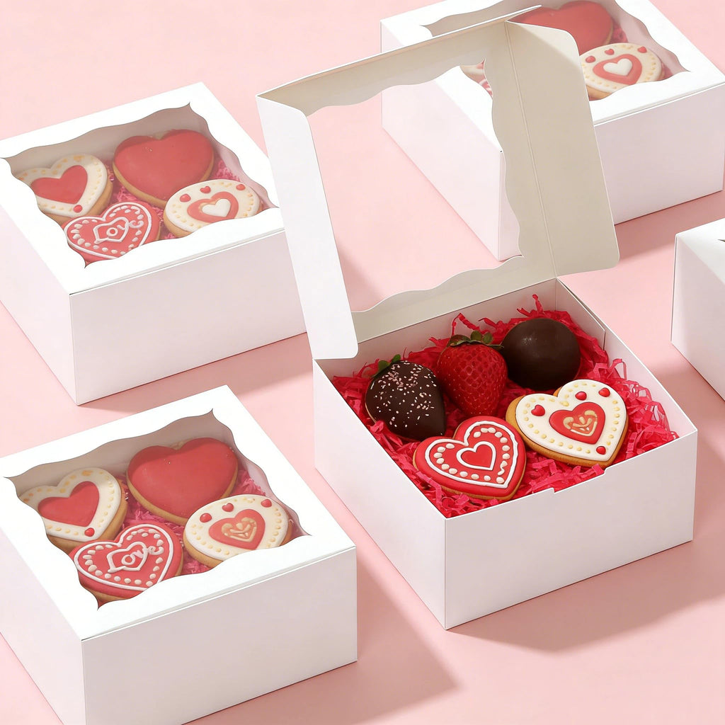 XINHPKGG 50 Pack Cookie Boxes 6x6x3 Inch Bakery Boxes with Window Treat Box Dessert Box for Macaron Mini Cake Chocolate Covered Strawberries Pastry - White