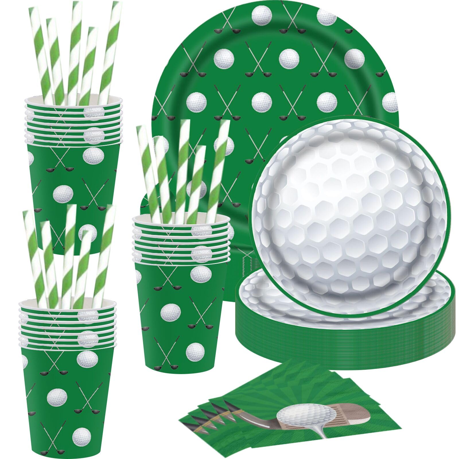 Golf Party Supplies, Golf Party Disposable Tableware Paper Plates Napkins Straws for 16 Guests Golf Sports Birthday Party Decoration