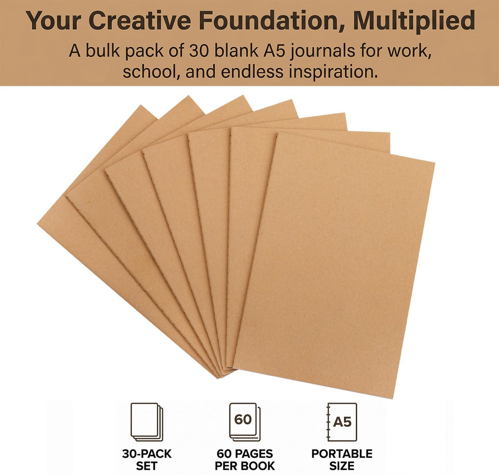 Nicunom 30 Pack A5 Kraft Notebooks, Bulk Blank Journals, Travel Journal Unlined Sketchbooks Memo Diary Planner for Office Classroom Supplies, 60 Pages, 8.3x5.5 inch
