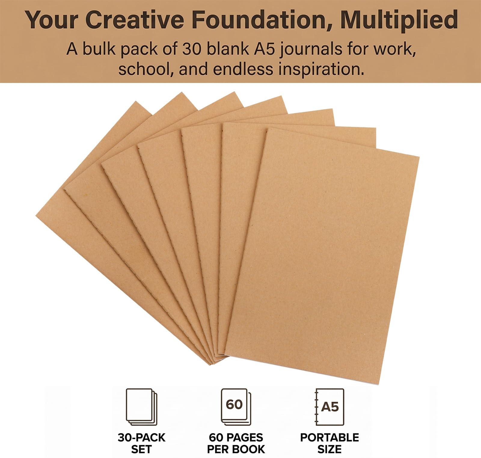 Nicunom 30 Pack A5 Kraft Notebooks, Bulk Blank Journals, Travel Journal Unlined Sketchbooks Memo Diary Planner for Office Classroom Supplies, 60 Pages, 8.3x5.5 inch