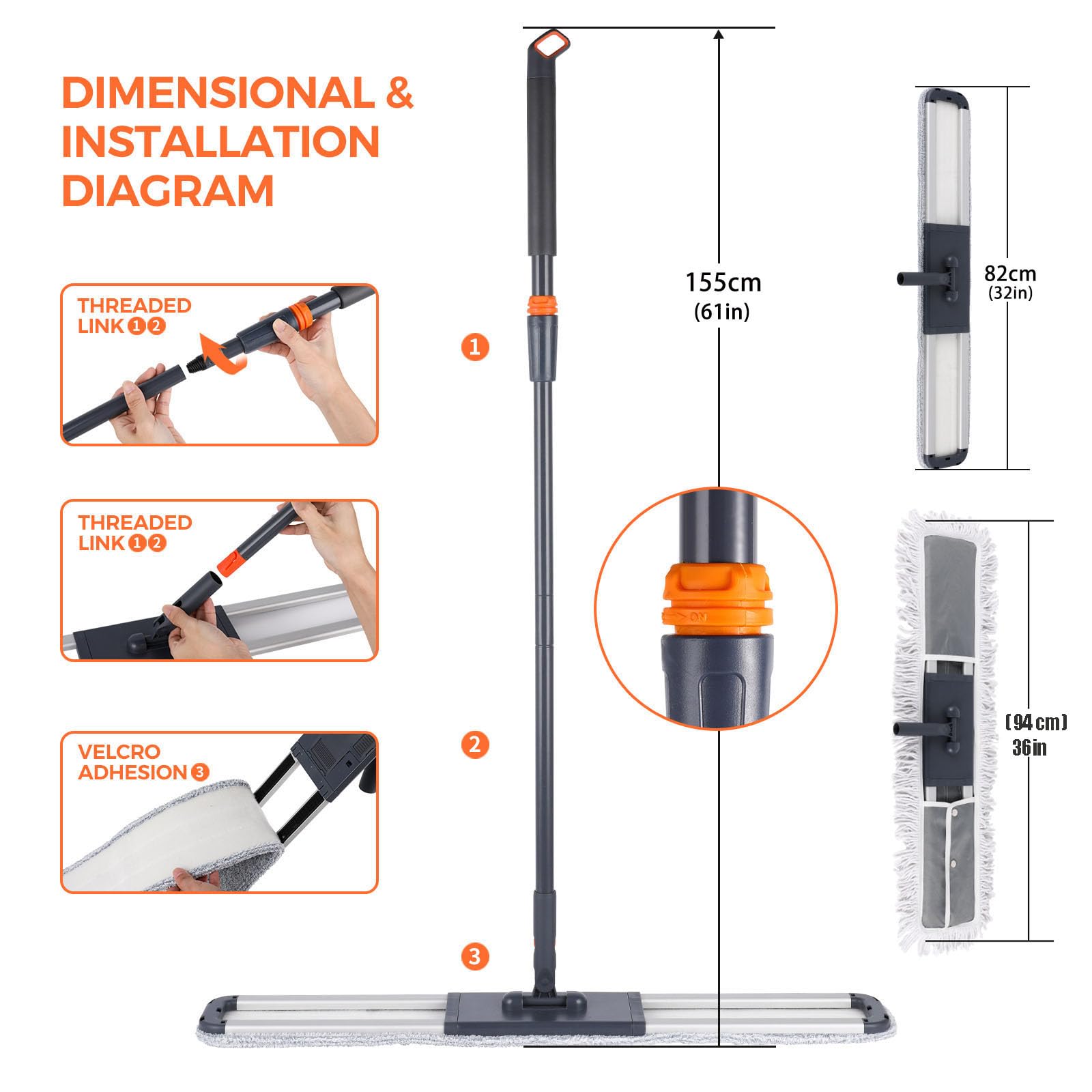 Dust Mop for Hardwood Floors 36 inch Commercial Industrial Floor Dust Mop with Extra 3 Mop Refill Pads 61 Inch Long Handle for Cleaning Office Garage Hardwood Warehouse Factory Mall Deck