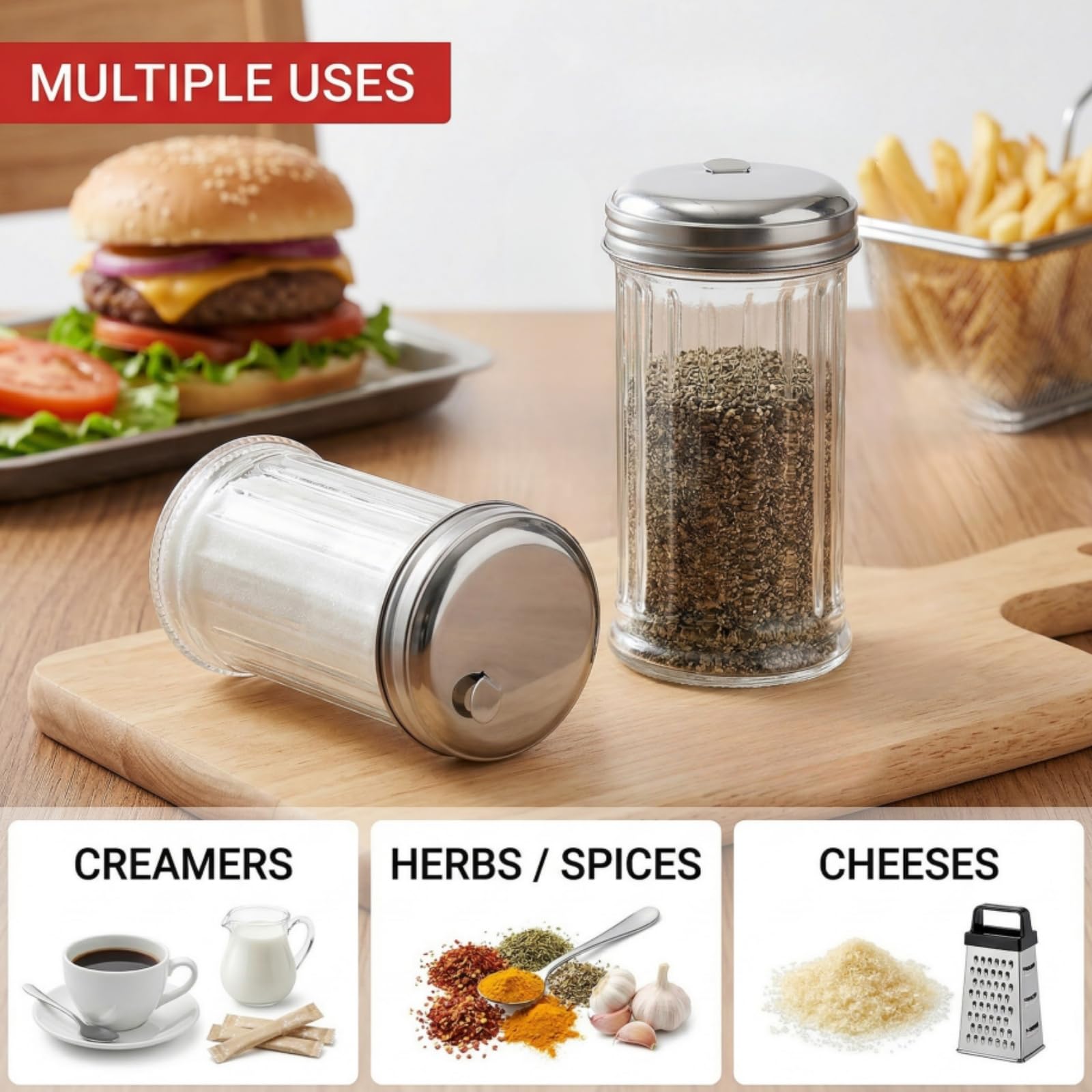 Tebery 2 Pack 12OZ Glass Sugar Dispenser/Pourer/Shaker with Stainless Steel Pour-Flap Lid, Retro Style