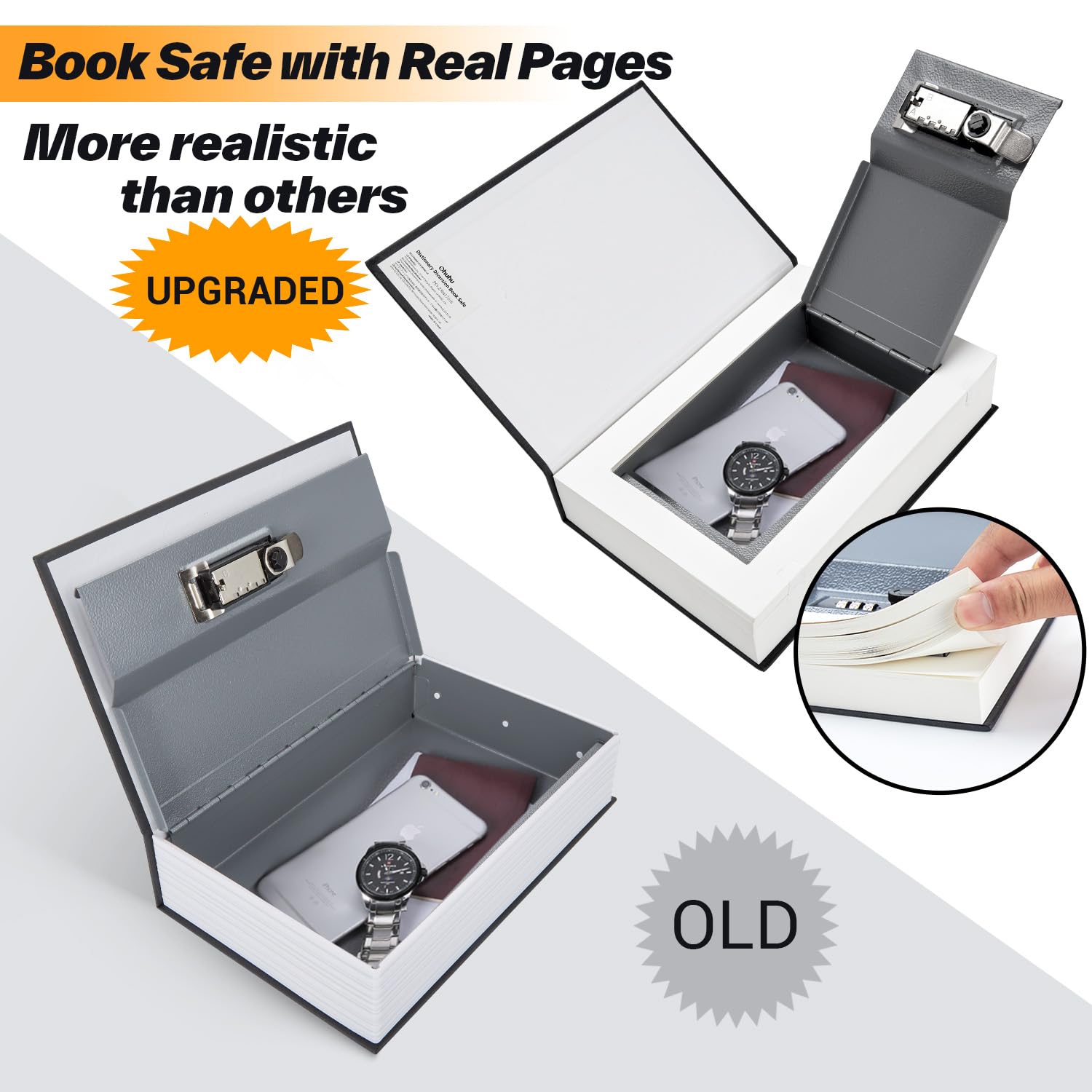 Diversion Book Safe with Real Pages, Ohuhu Combination Book Lock Box Money Safe for Cash, Secret Hidden Storage Faux Dictionary Book Box Disguised Safe for Home Office
