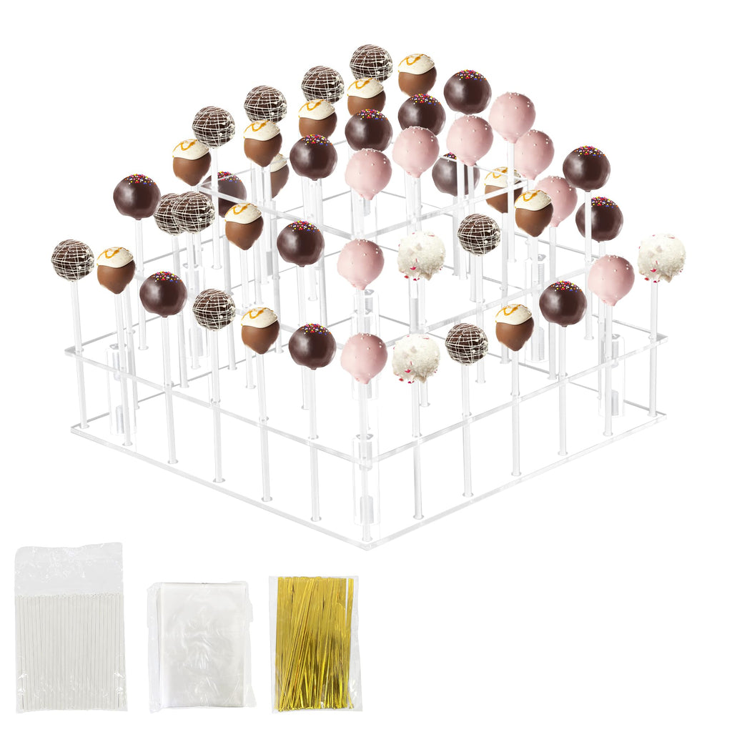 3 Tier Cake Pop Stand, 56 Holes Acrylic Cake Pop Holder Stand, Clear Cake Pop Display Stand Holder, Lollipop Square Display Stand with Sticks and Wrappers for Weddings Birthday Parties