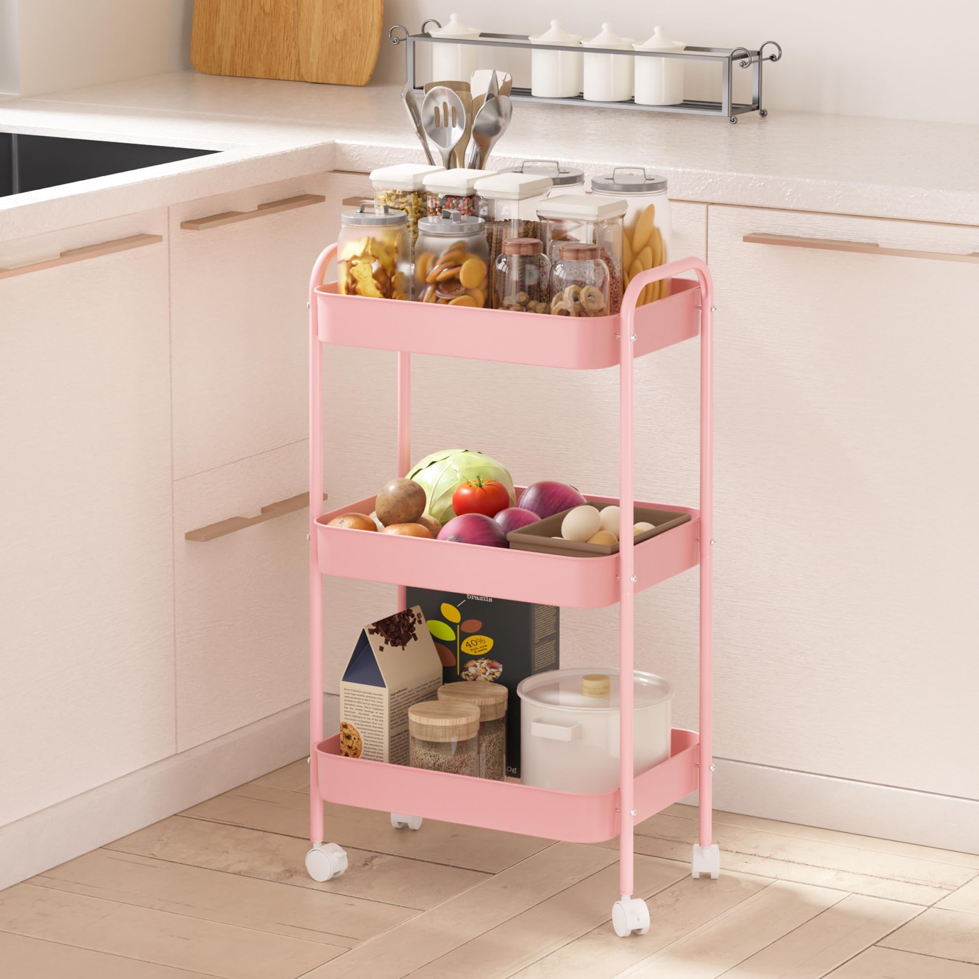 3 Tier Metal Rolling Cart with Wheels, Utility Storage Cart with Handle and Lockable Casters, Storage Basket Organizer Shelves, Easy Assemble for Kitchen, Living Room, Office, Nursery, White (Pink)